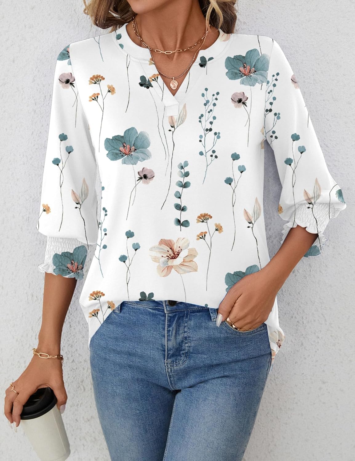 Thumbnail 1 de Rapbin Damen Bluse 3/4 Arm Langarm V-Ausschnitt Tunika Sommer Tops Locker Shirt Elegant Lässig Oberteil Blusen 2026