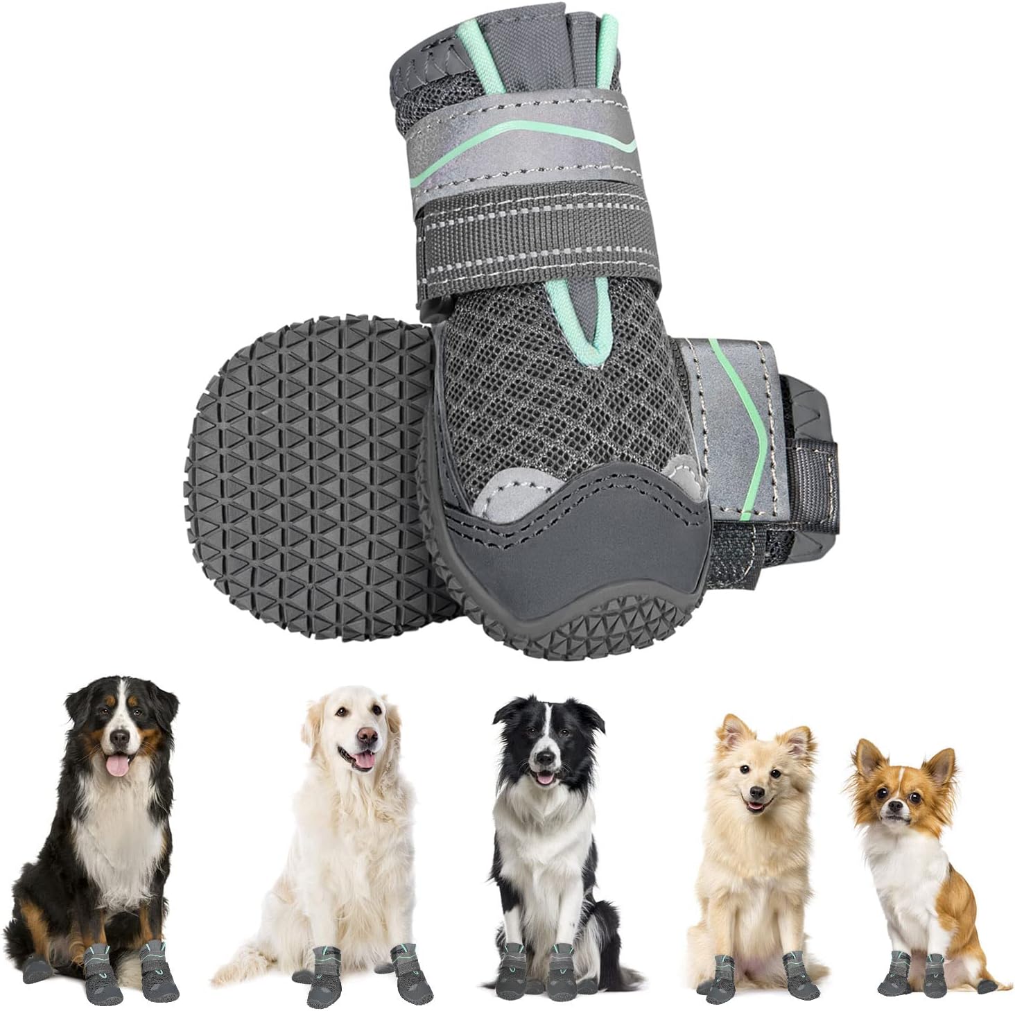 Detalle de Eyein Hundeschuhe Pfotenschutz (2 Stück), atmungsaktiv mit rutschfester Sohle und reflektierendem Klettverschluss – Dunkelgrau, Größe 6