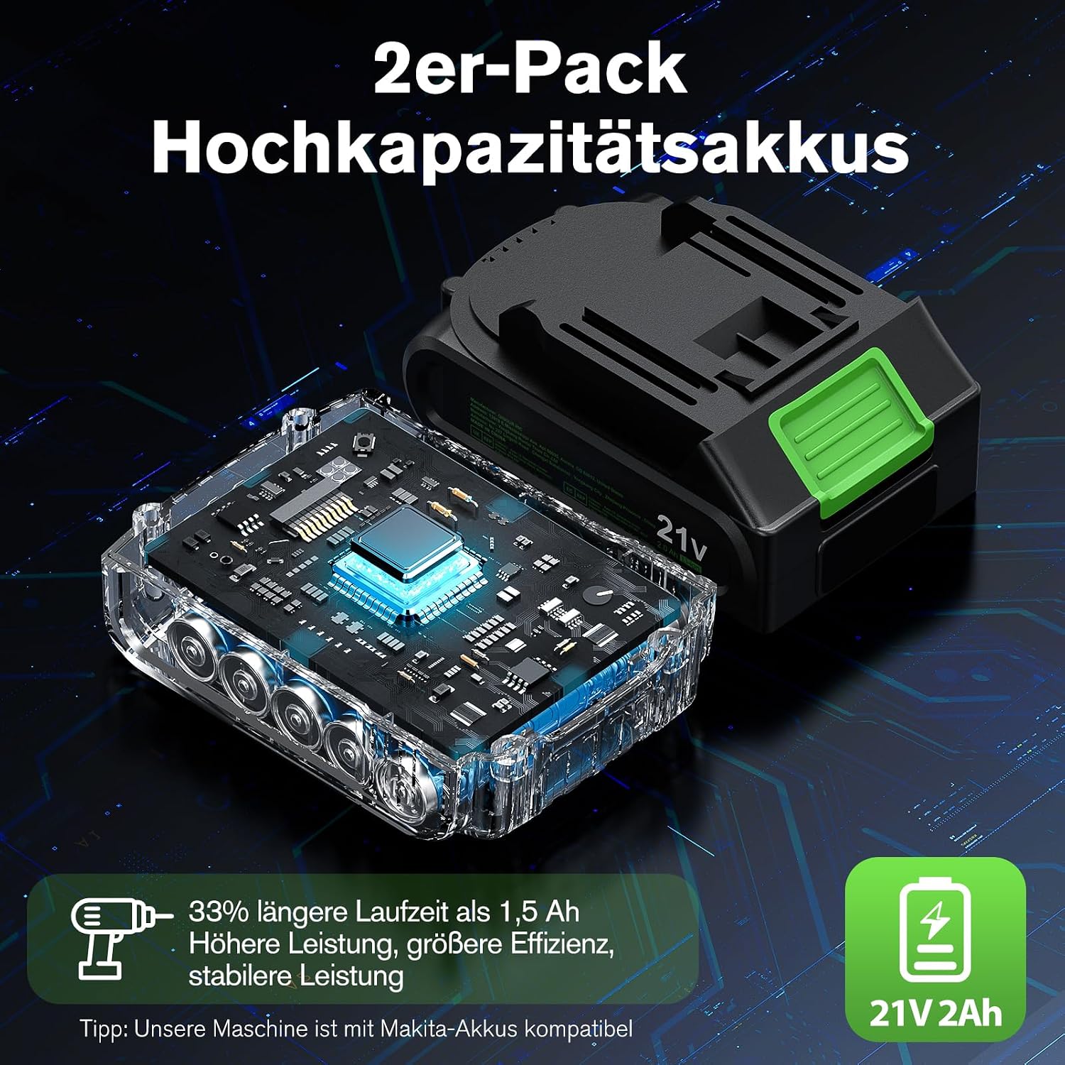 Detalle de Ginour 21V Bürstenloser Akku-Schlagbohrschrauber-Set (50 Nm) mit 2×2Ah Akkus, 10-mm-Schnellspannfutter, 47-teiligem Zubehör & Koffer