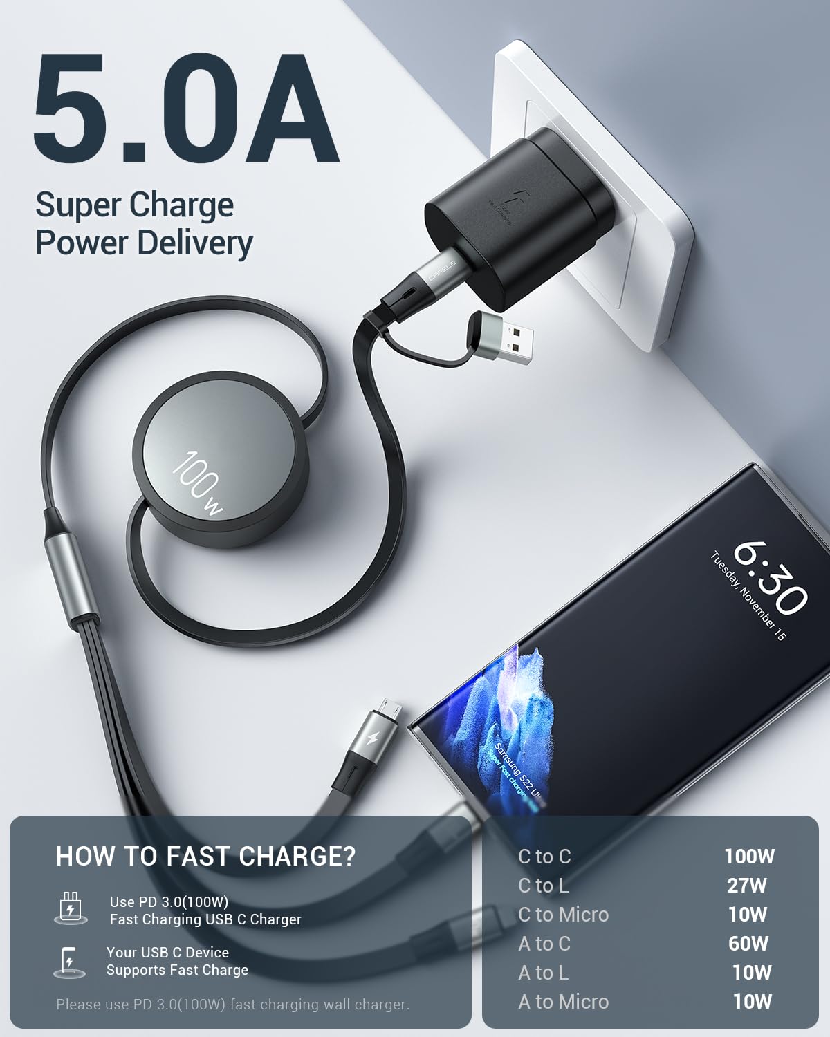 Thumbnail 2 de CAFELE 100W 6‑in‑1 Retractable Charging Cable