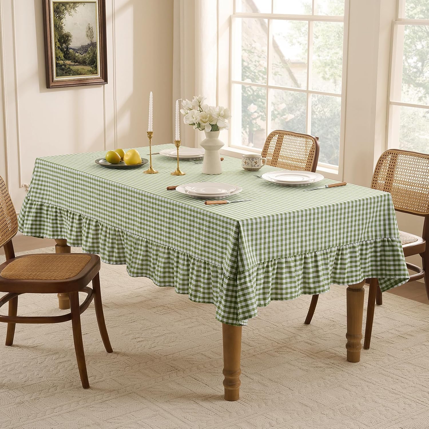 Detalle de Romanstile Gingham Ruffled Tablecloth Rectangle - Sage Green, Waterproof Linen Cotton Checkered, 60 x 84 Inch