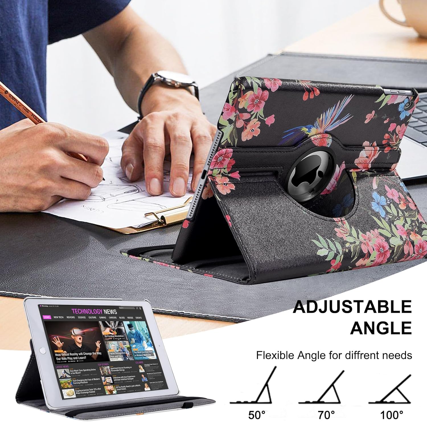 Thumbnail 3 de Ceysin 360° Rotating Case for iPad 9th/8th/7th Gen 10.2" with Auto Wake Sleep (Black Hummingbird)