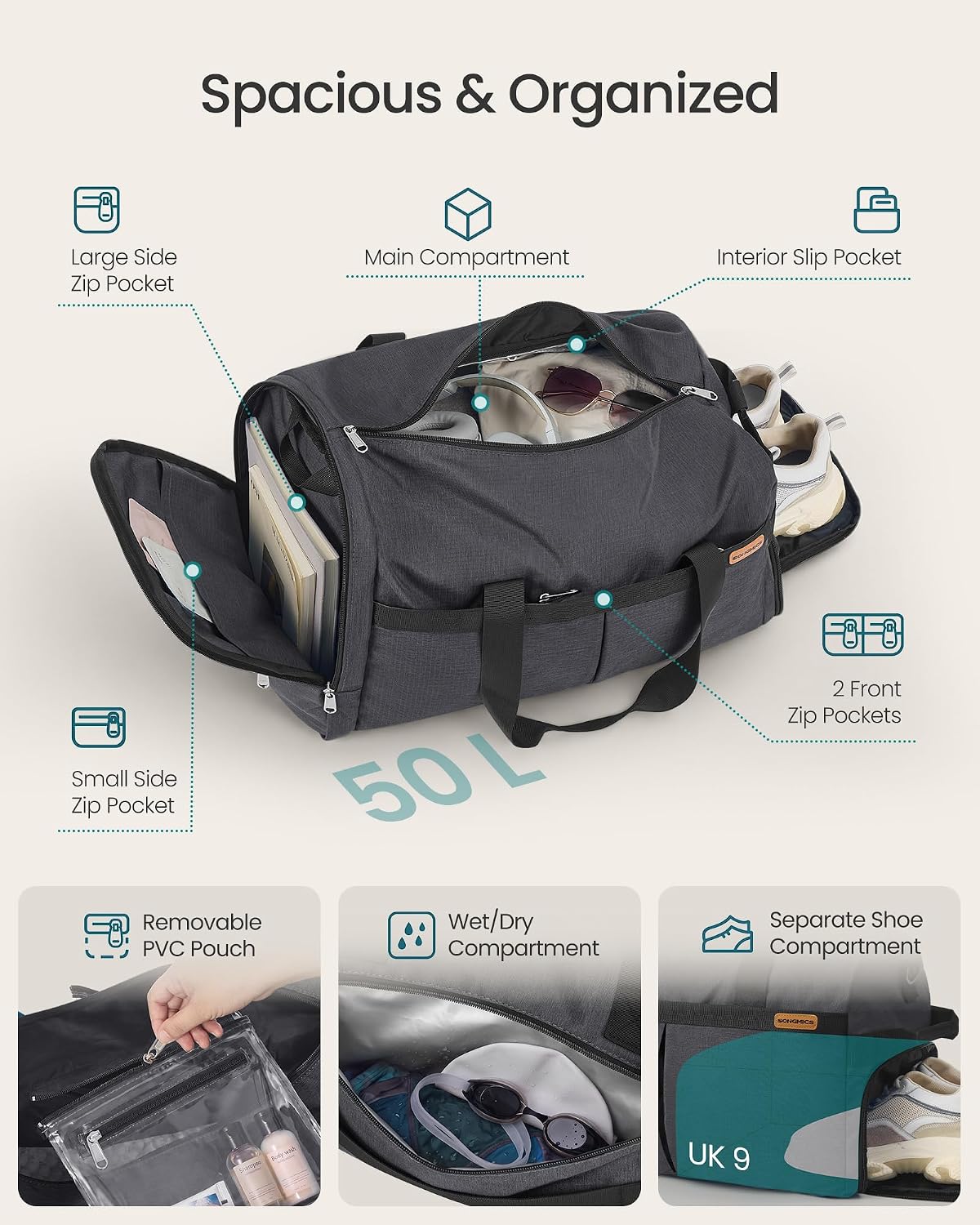 Detalle de SONGMICS RBF050G101 50 L Foldable Travel Bag with Shoe and Wet Pockets