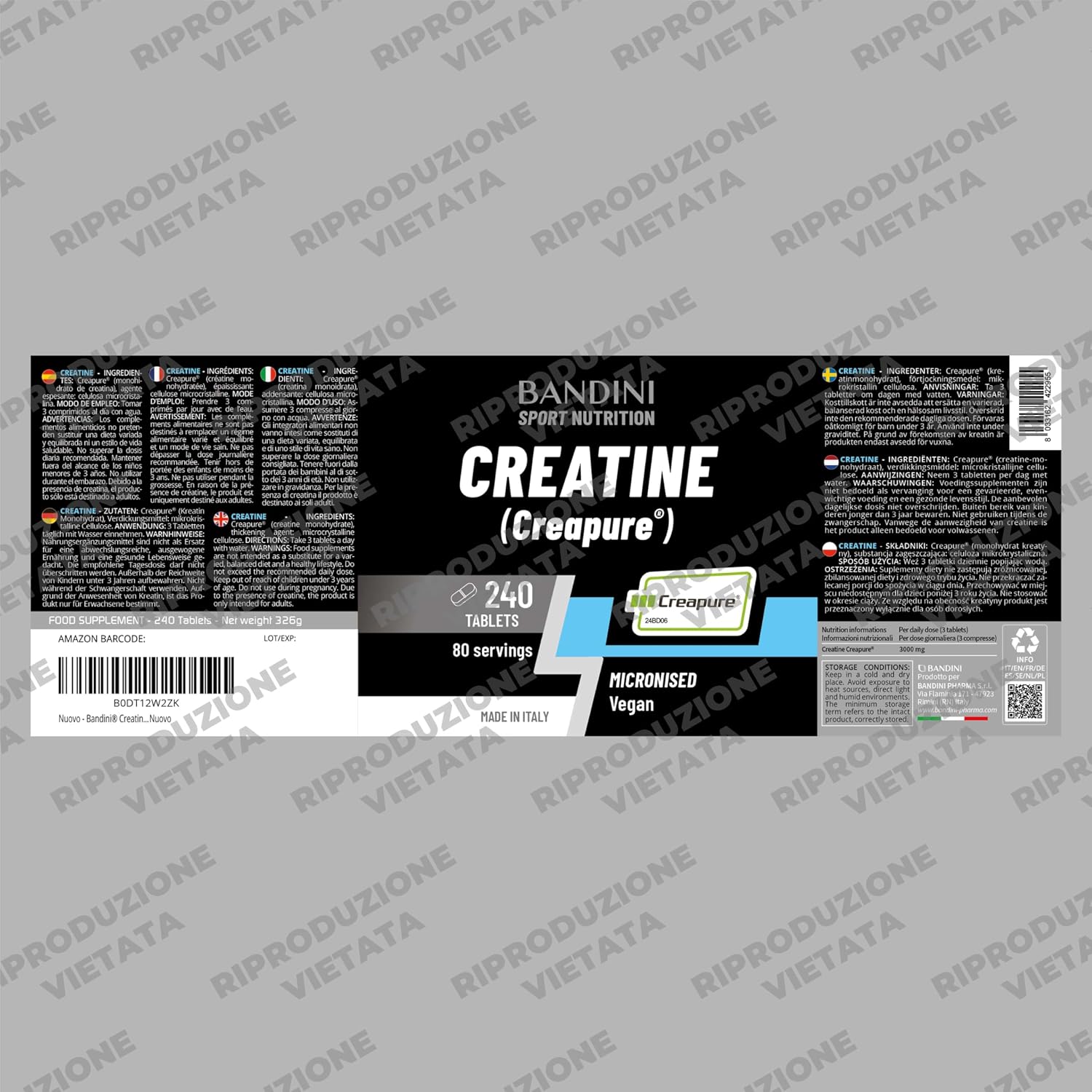 Detalle 2 de Bandini Creatina CREAPURE Monoidrata 240 Compresse – Integratore per Allenamento, Prestazioni e Recupero