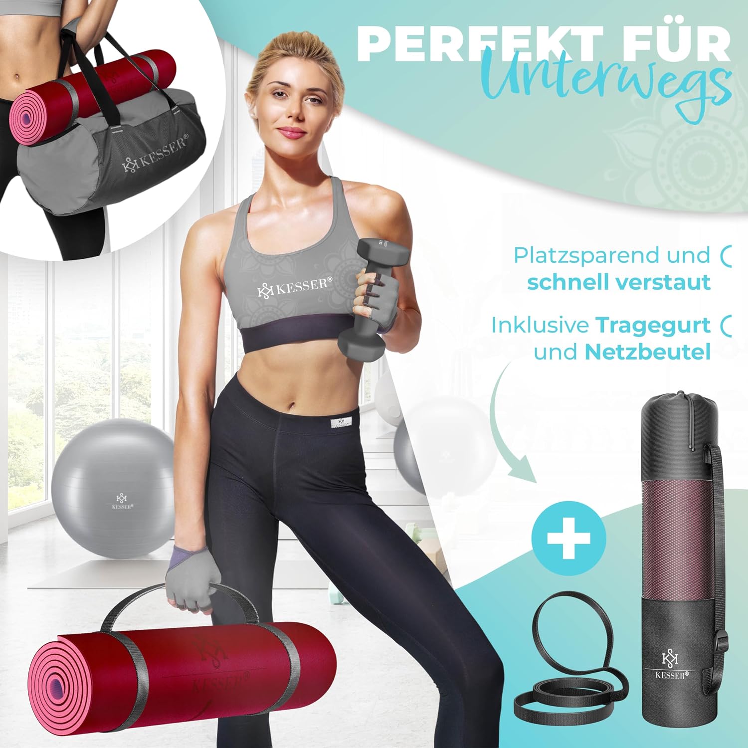 Thumbnail 3 de KESSER® Gymnastikmatte mit Tragegurt – rutschfeste TPE Yogamatte 183 × 61 cm (6 mm)