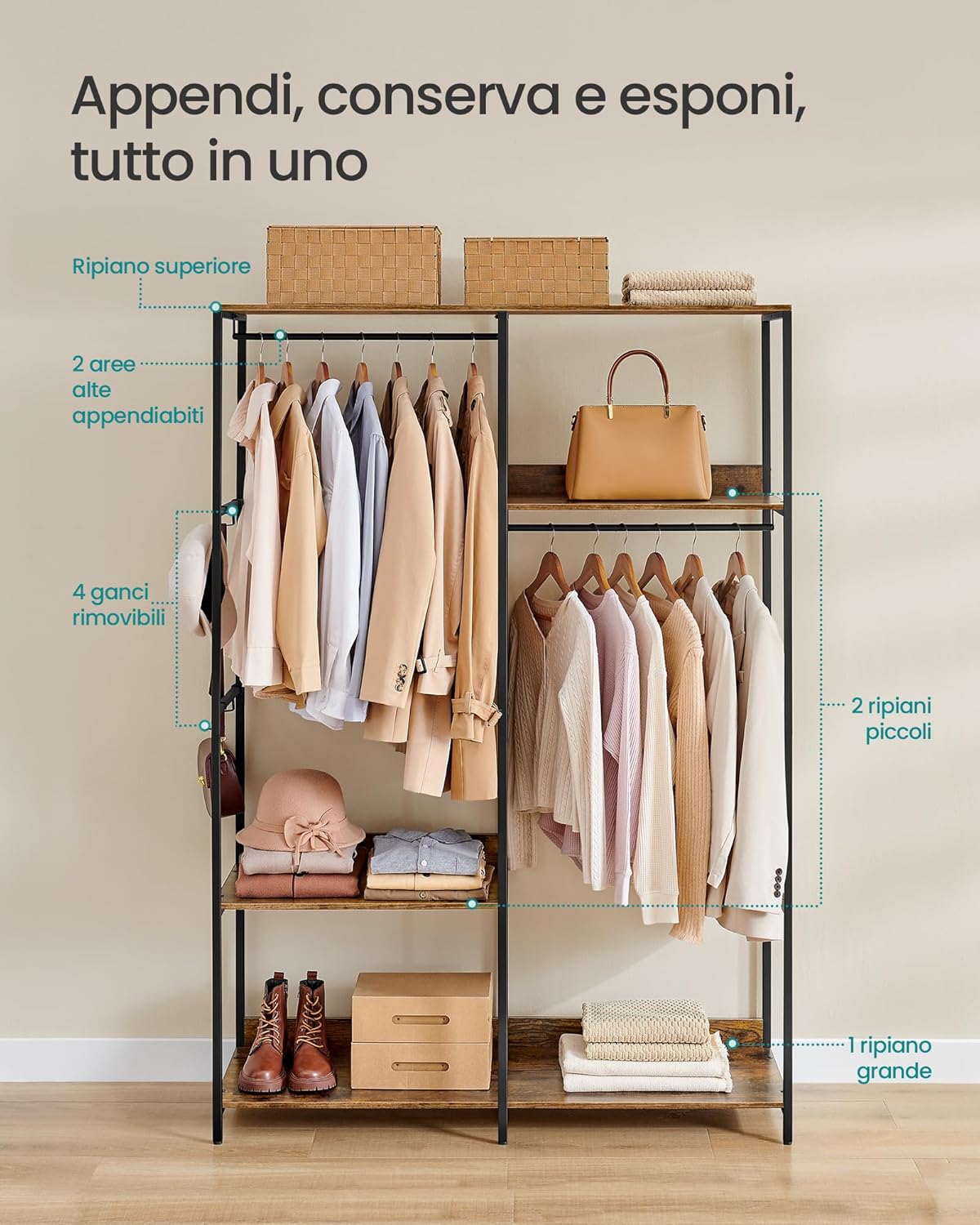 Thumbnail 2 de SONGMICS Guardaroba Stand Appendiabiti RGR025B01 – 118 x 40 x 181 cm, Marrone Vintage