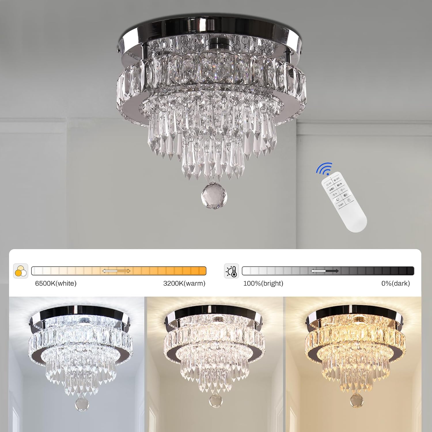 Detalle de Finktonglan CL300-V 11.8-Inch Crystal LED Flush-Mount Ceiling Light with Remote