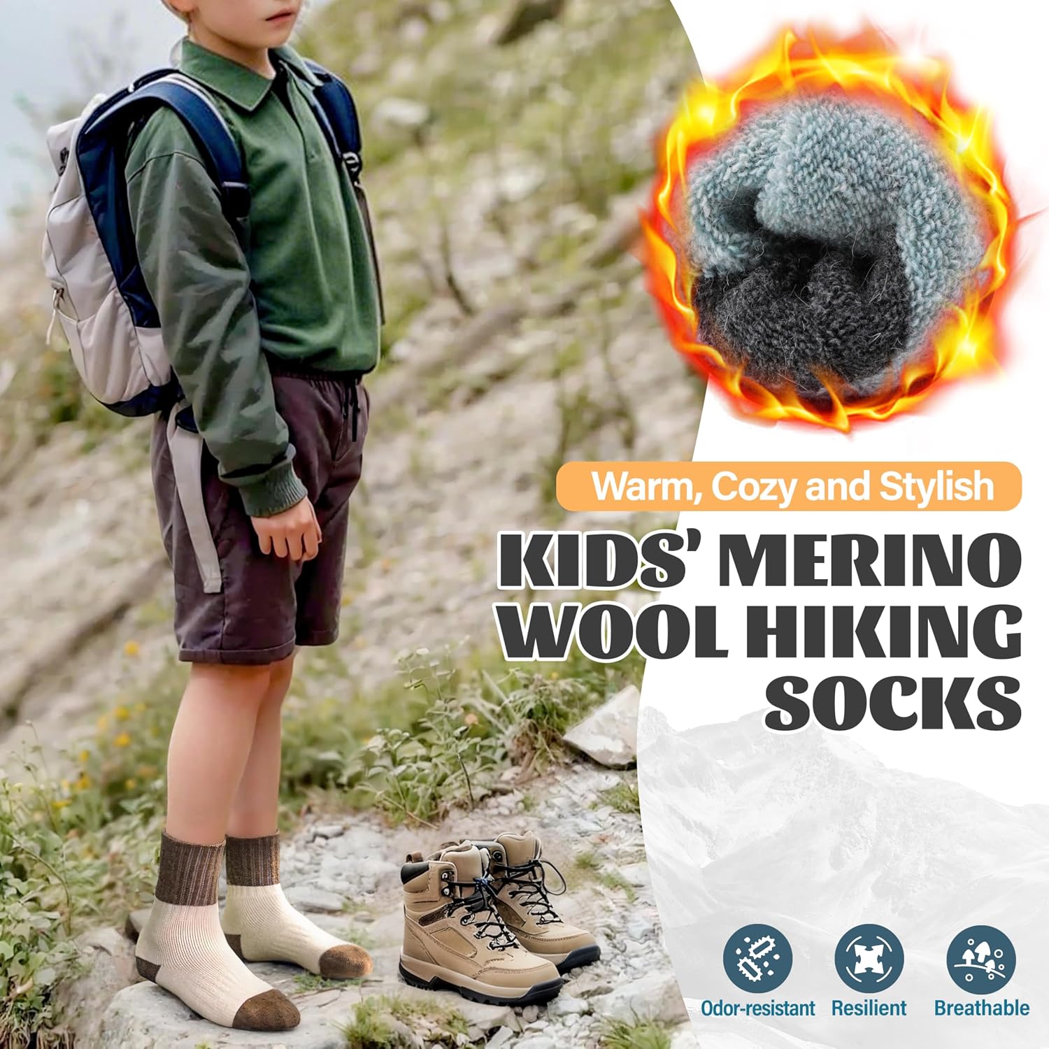 Detalle de Anlisim Kids Merino Wool Hiking Crew Socks, 6 Pairs with Cushion and Arch Support