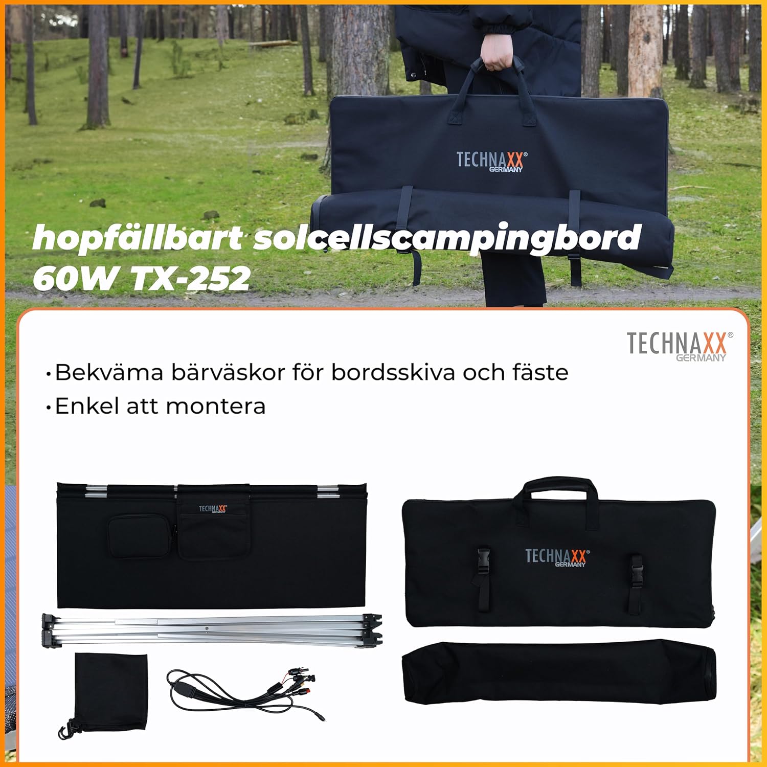 Detalle 2 de Technaxx TX-252 hopfällbart solcellscampingbord, 60 W och tre USB-portar