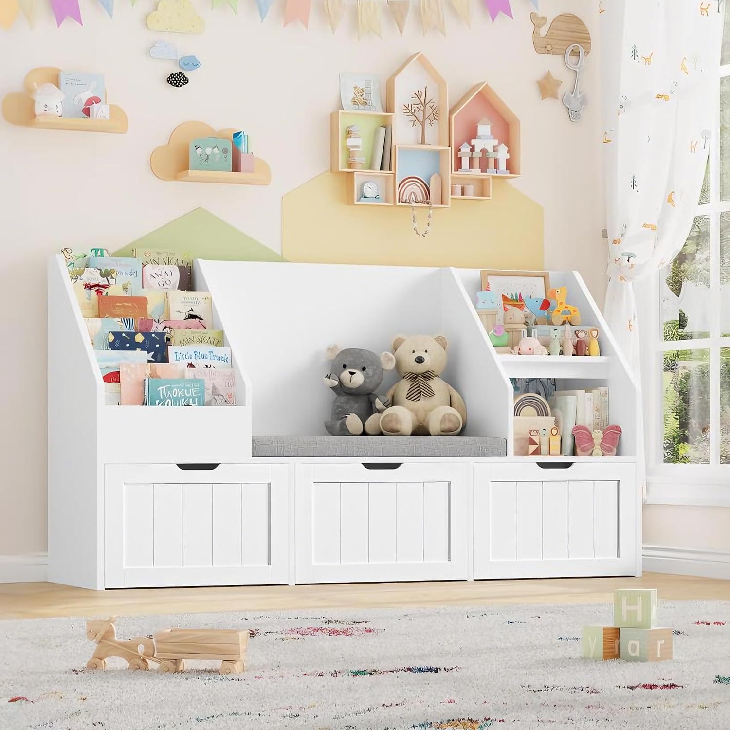 Detalle 2 de FOREHILL P671 regał dziecięcy z ławką, 4 poziomami i 3 szufladami na rolkach