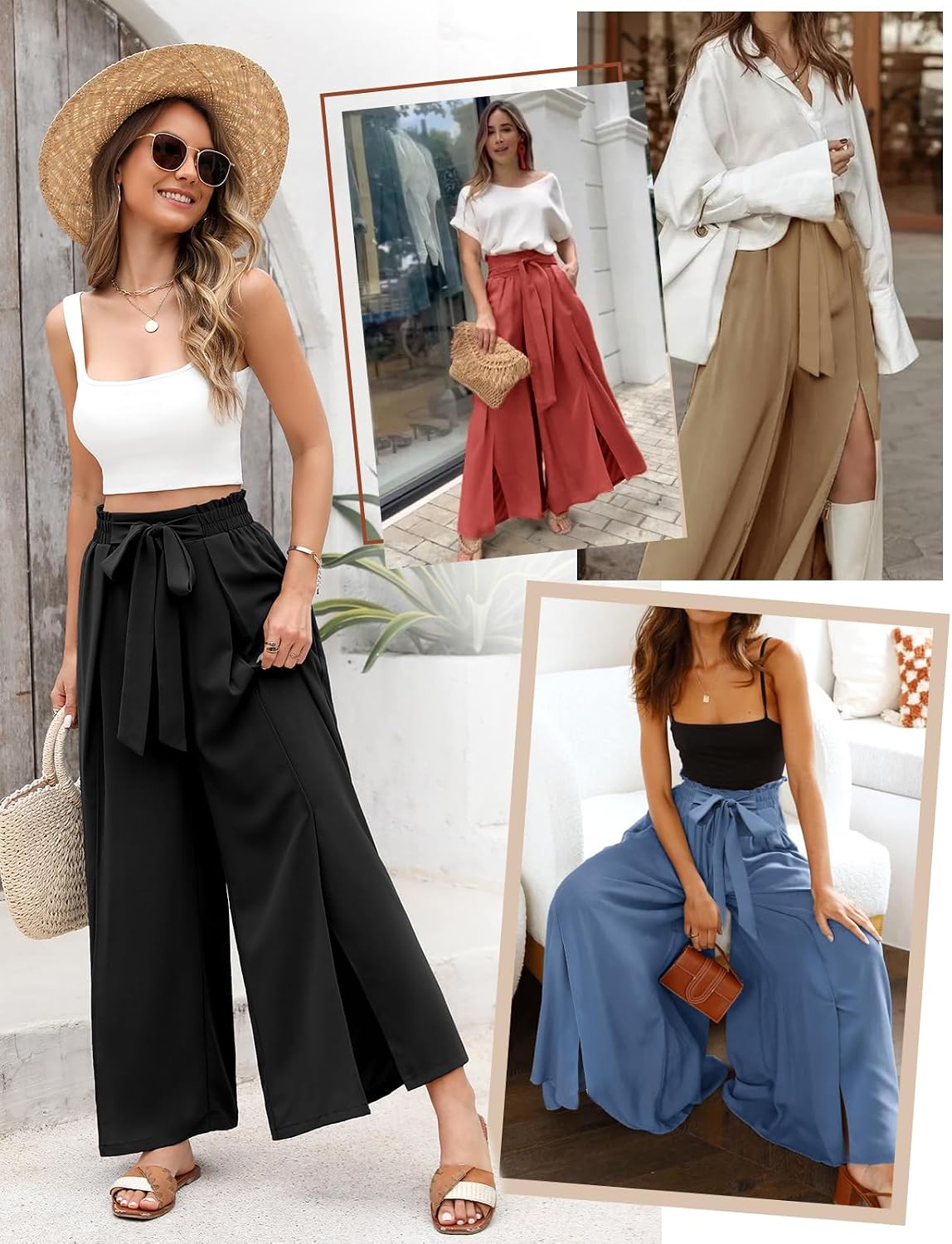 Detalle de Svanco Pantalon d'été fluide pour femme à jambes larges et ouvertes, taille élastiquée