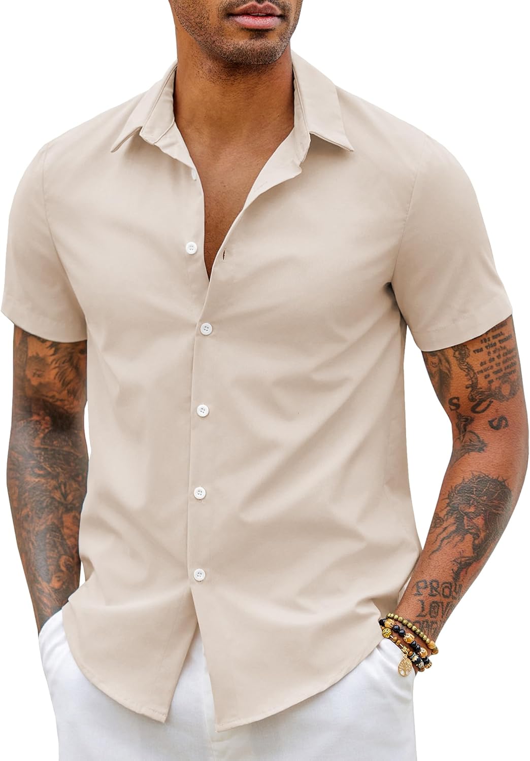 Detalle de COOFANDY Chemise à Manches Courtes pour Homme – Coupe ajustée, sans repassage, idéale pour l’été