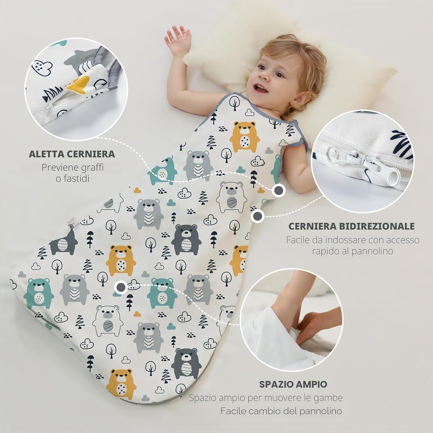 Detalle de Mosebears Sacco Nanna in Cotone Morbido per Neonati 0-6 Mesi con Zip Doppia