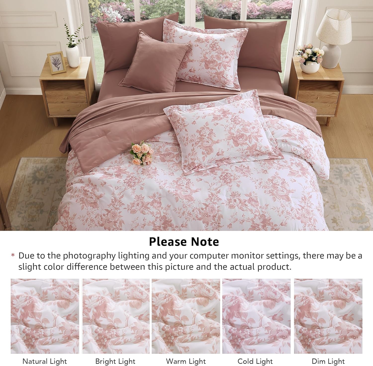Thumbnail 3 de BLOOMHAVEN Queen Comforter Set — 7-Piece Pink Floral Bedding Ensemble