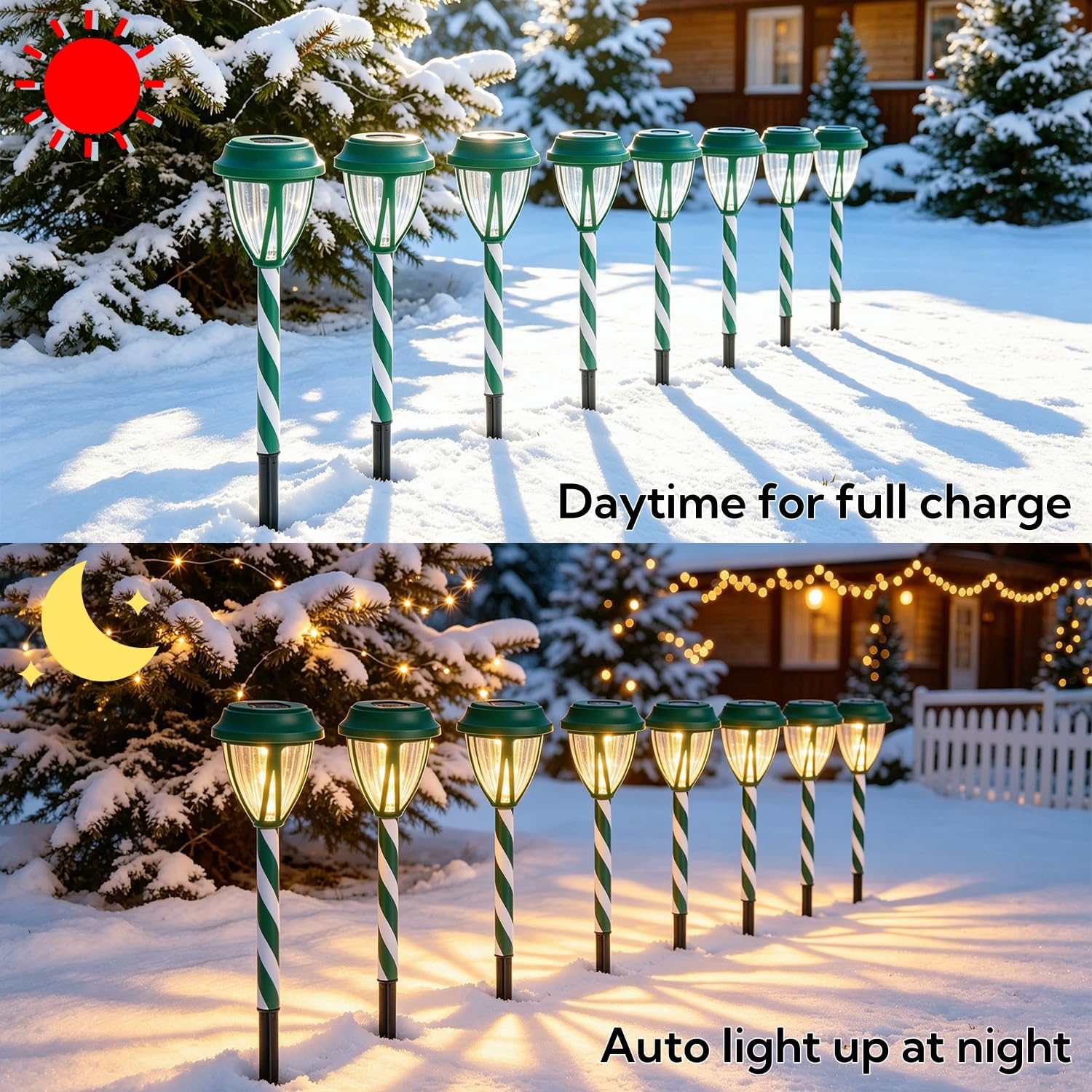 Detalle 2 de Dynaming DC23482SD-10 Solar Christmas Pathway Lights, Green Candy Cane, Warm White LED, 10-Pack