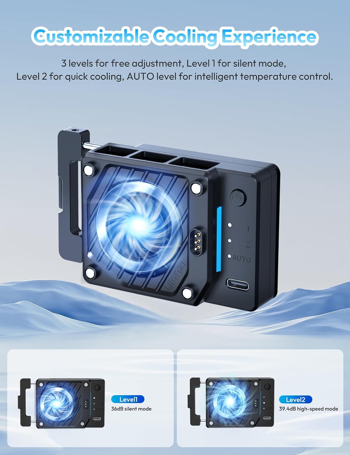 Detalle de ULANZI CU01 : refroidisseur pour appareil photo avec ventilateur, batterie 3300 mAh et charge USB Type-C