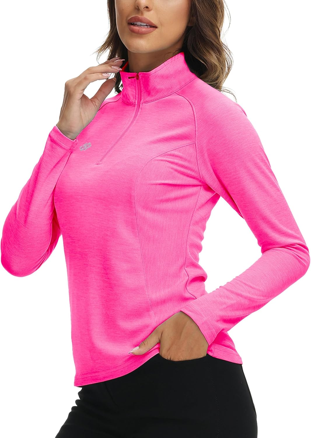 Thumbnail 6 de AjezMax Femme T-shirt manches longues de sport avec zip 1/4 — polyester respirant pour course, yoga et entraînement