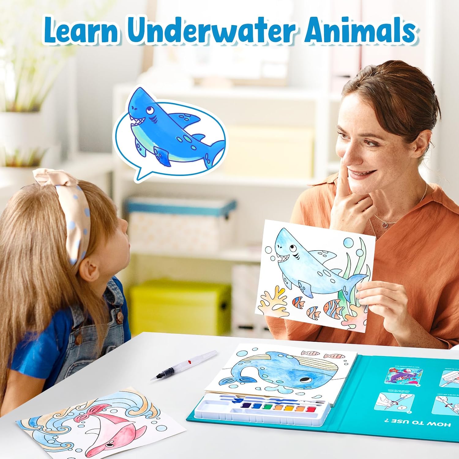 Detalle 2 de JoyCat Malbuch mit Wasserfarben für Kleinkinder (3–8 Jahre) – 3-in-1 Aquarellset mit 20 Meeres-Themenseiten