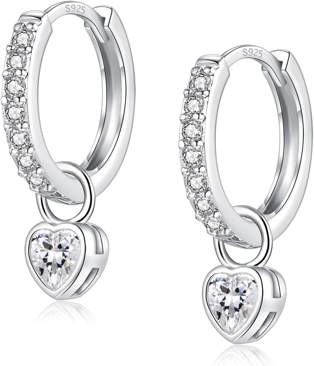 Detalle de Ohrringe Silber 925 Hängende Creolen mit Herz und Zirkonia (14K Weißgold vergoldet) – für Damen & Mädchen