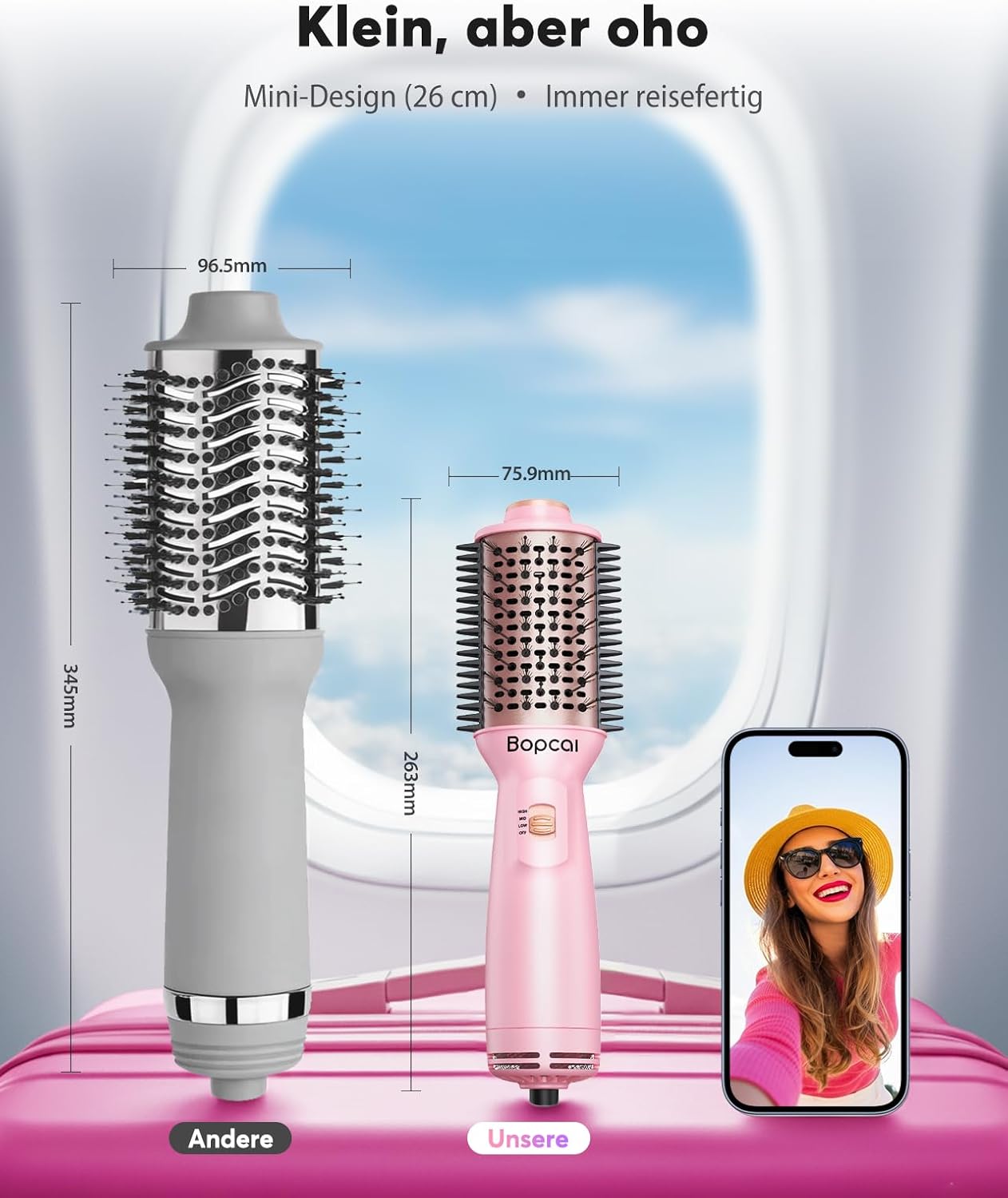 Thumbnail 2 de Bopcal Mini Warmluftbürste 4-in-1 – Ionen Föhnbürste mit Dualspannung für Volumen & glatte Haare