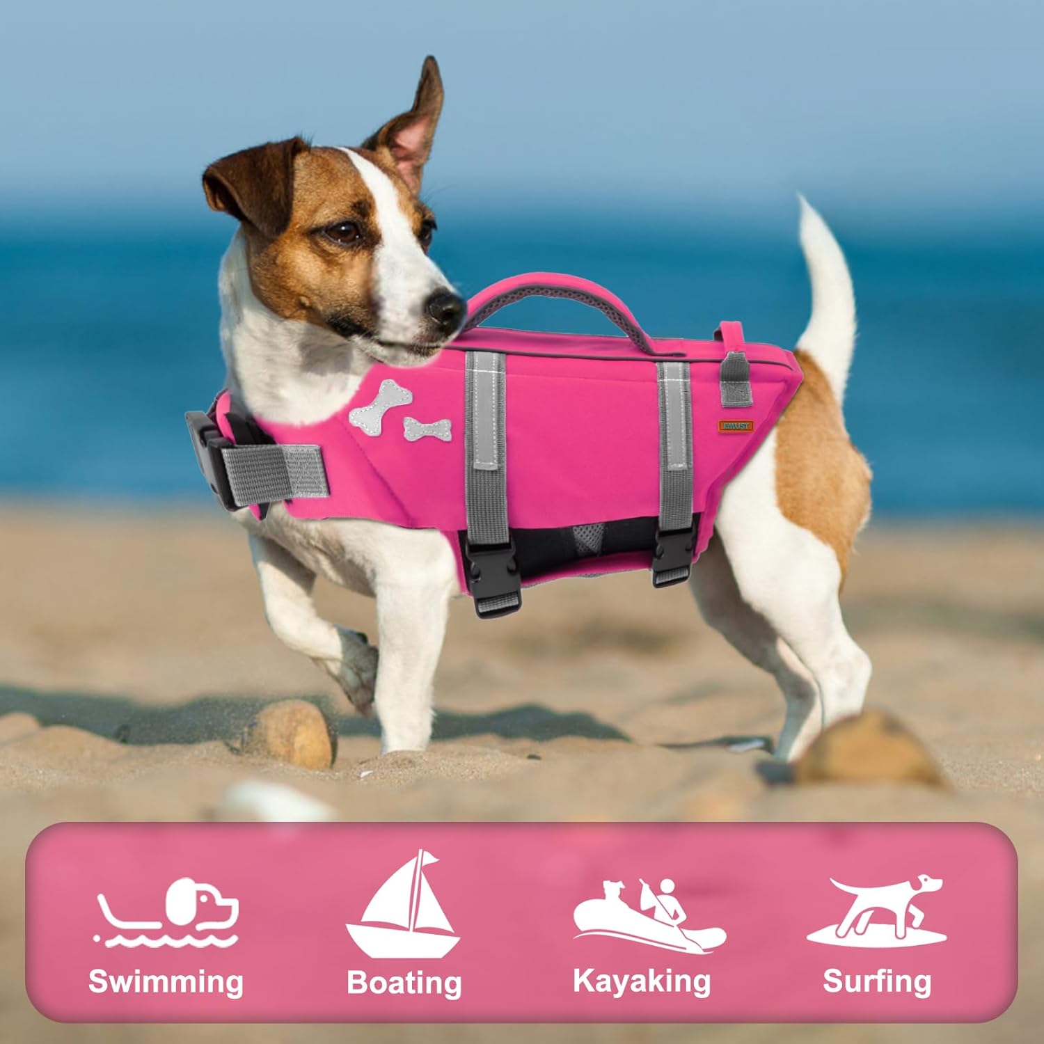 Thumbnail 6 de EMUST Dog Life Jacket (BrightPink) – high buoyancy dog flotation vest with reflective strips, handles and quick-release buckles, size L