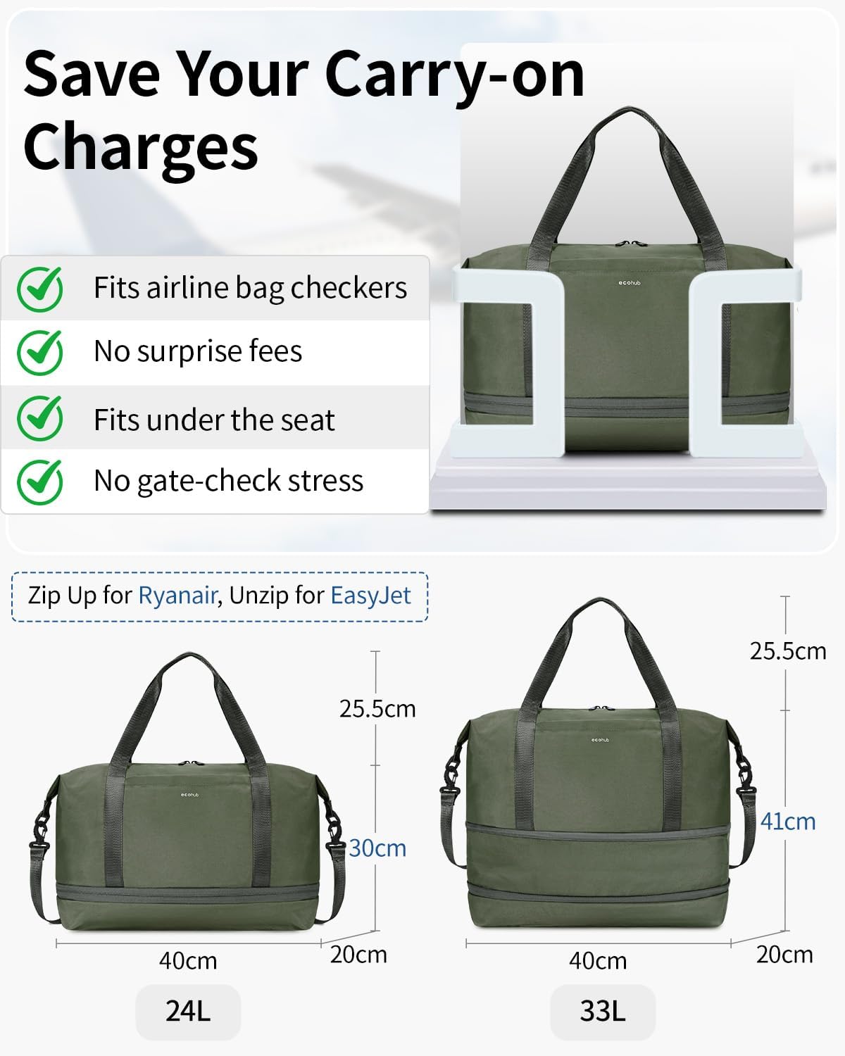 Thumbnail 1 de ECOHUB for Ryanair cabin bag 40x30x20 (expandable) with removable wet pocket – green