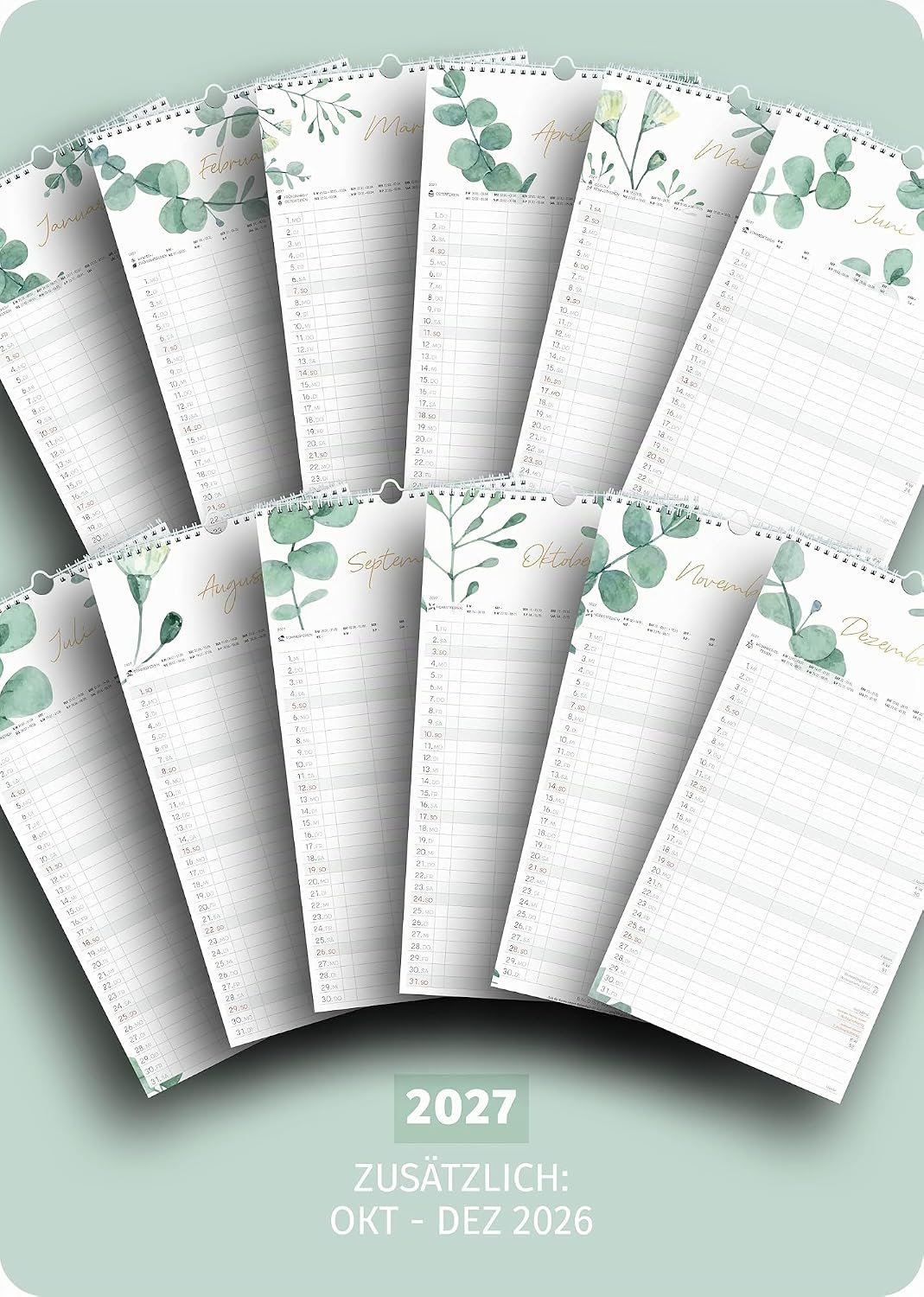 Detalle de Spielefabrik Familienkalender 2027 – Familienplaner 5 Spalten, EUKALYPTUS Blattgold, 23 x 43 cm, echter Goldprägung