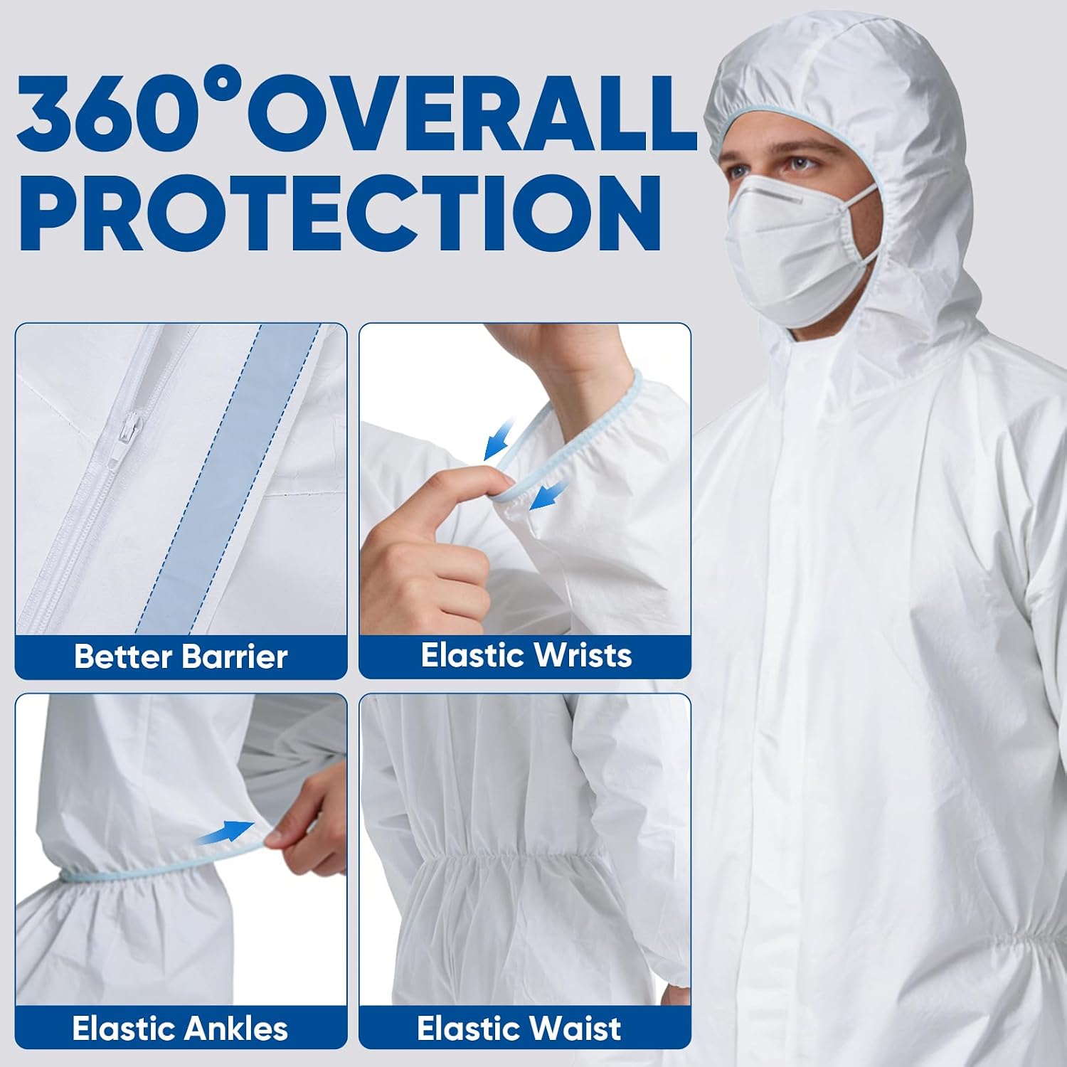 Detalle de TICONN Disposable Protective Coveralls, PP+PE, Hood, Water-Repellent