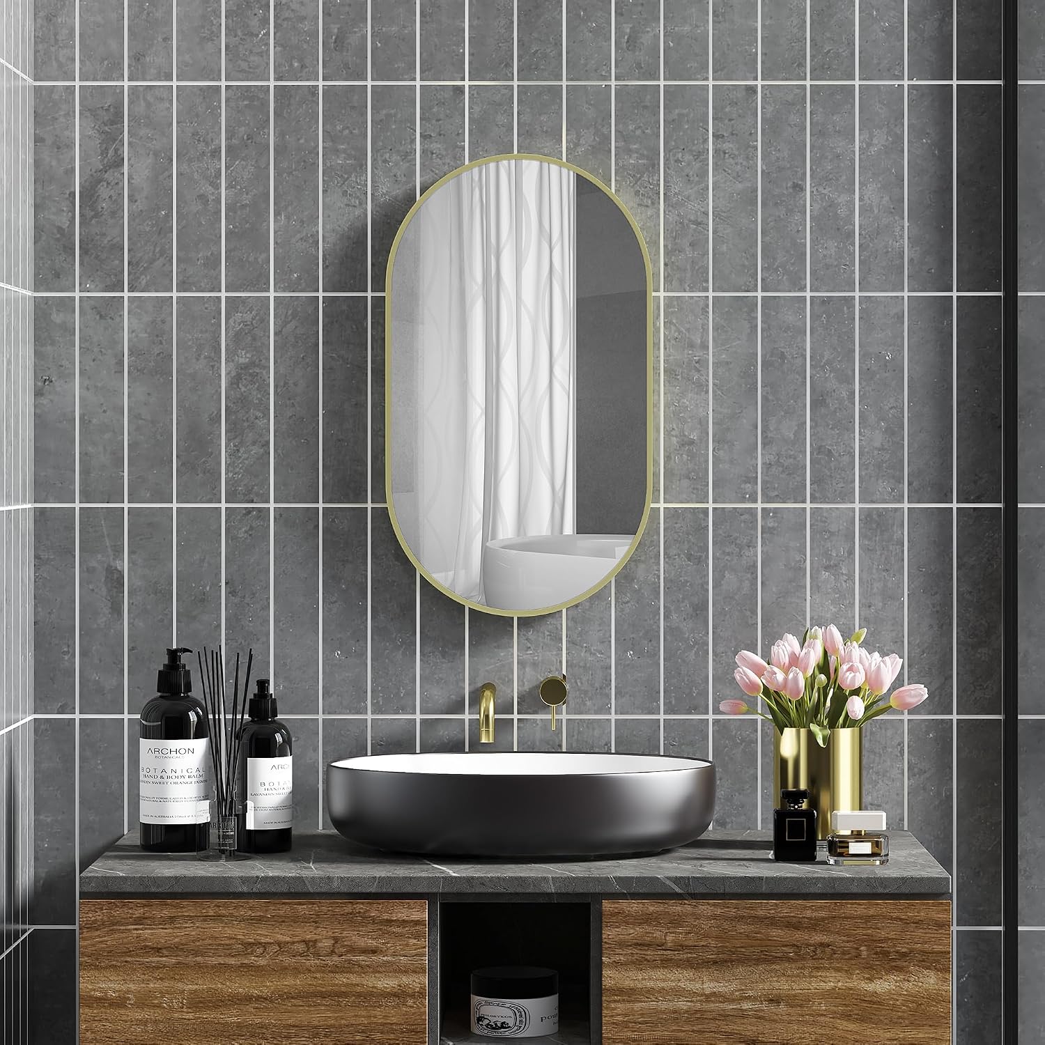 Detalle de HOMCOM Miroir Mural Ovale Doré 40 x 70 cm – cadre aluminium et montage flexible