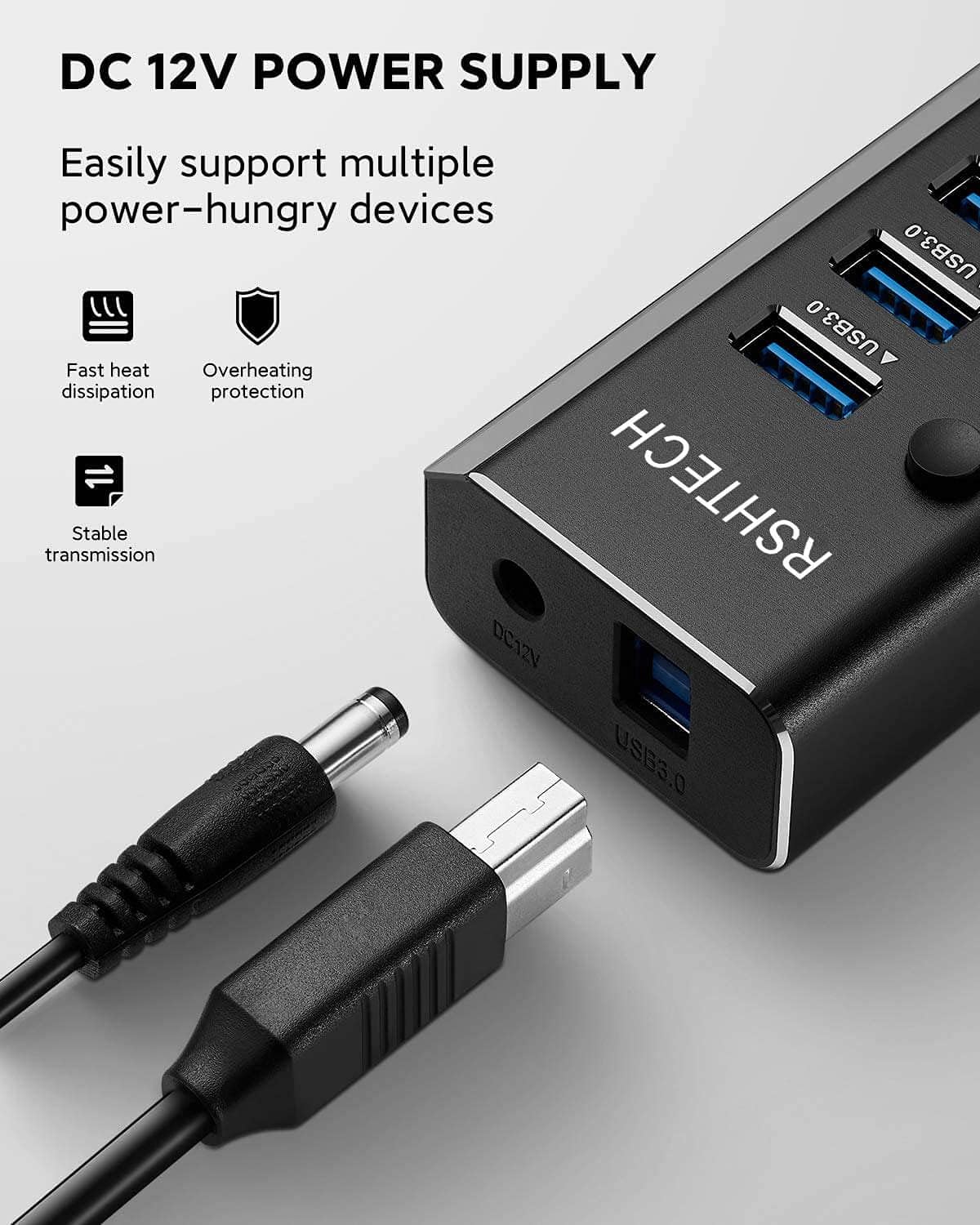 Detalle de RSHTECH RSH-A10 10‑port USB 3.0 Hub 36W