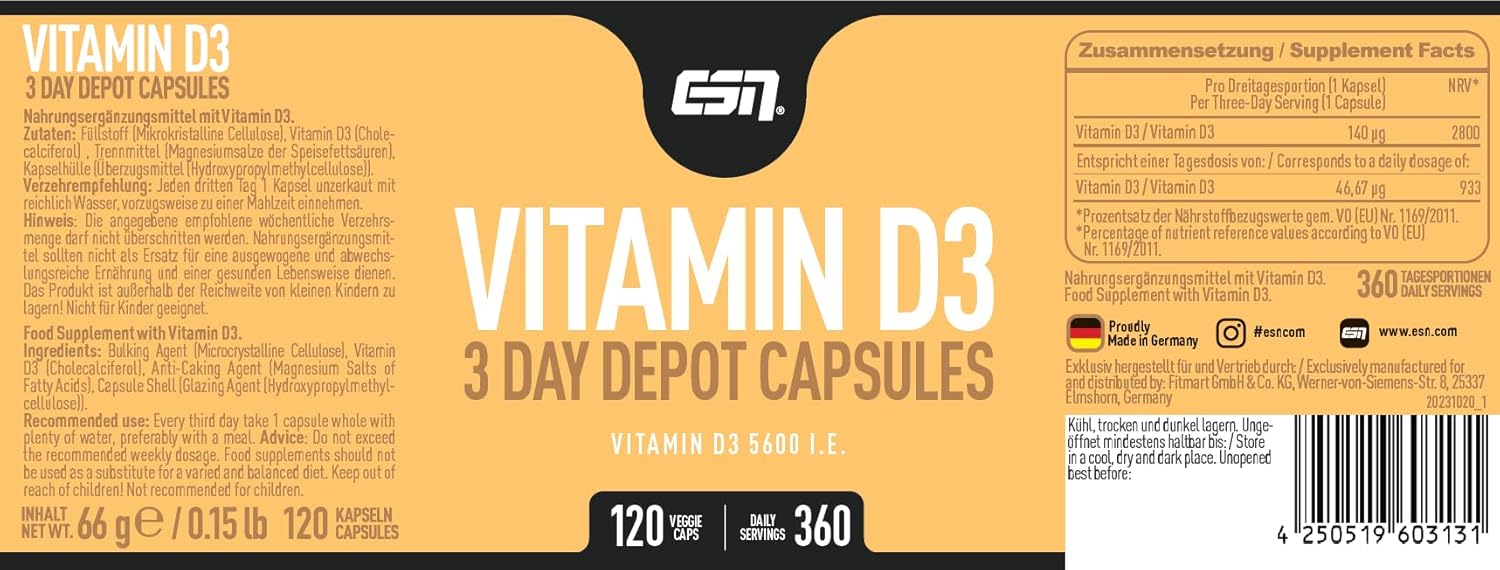 Detalle 2 de ESN Vitamin D3 Depot — Hochdosierte Vitamin-D3-Kapseln, vegan, 120 Stück