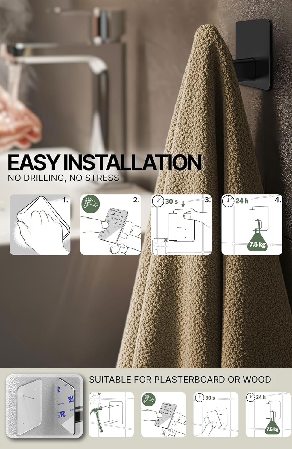 Detalle de Menz Extra-Large Self Adhesive Hooks (Set of 4) – heavy duty stick-on coat hooks with 3M waterproof tape