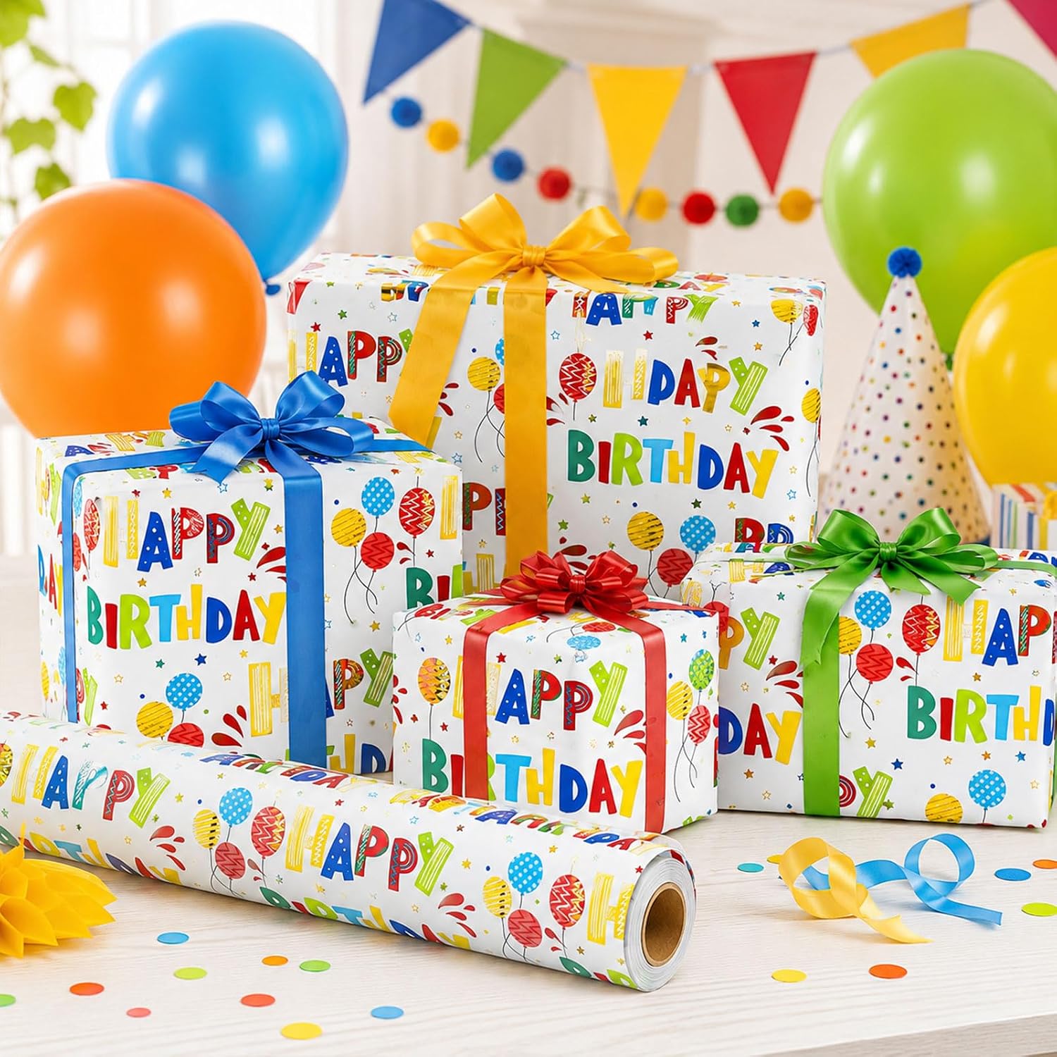 Thumbnail 4 de Burymento Birthday Wrapping Paper Roll – Colorful Gold Foil with Balloons & Stars (17 in x 32.8 ft)