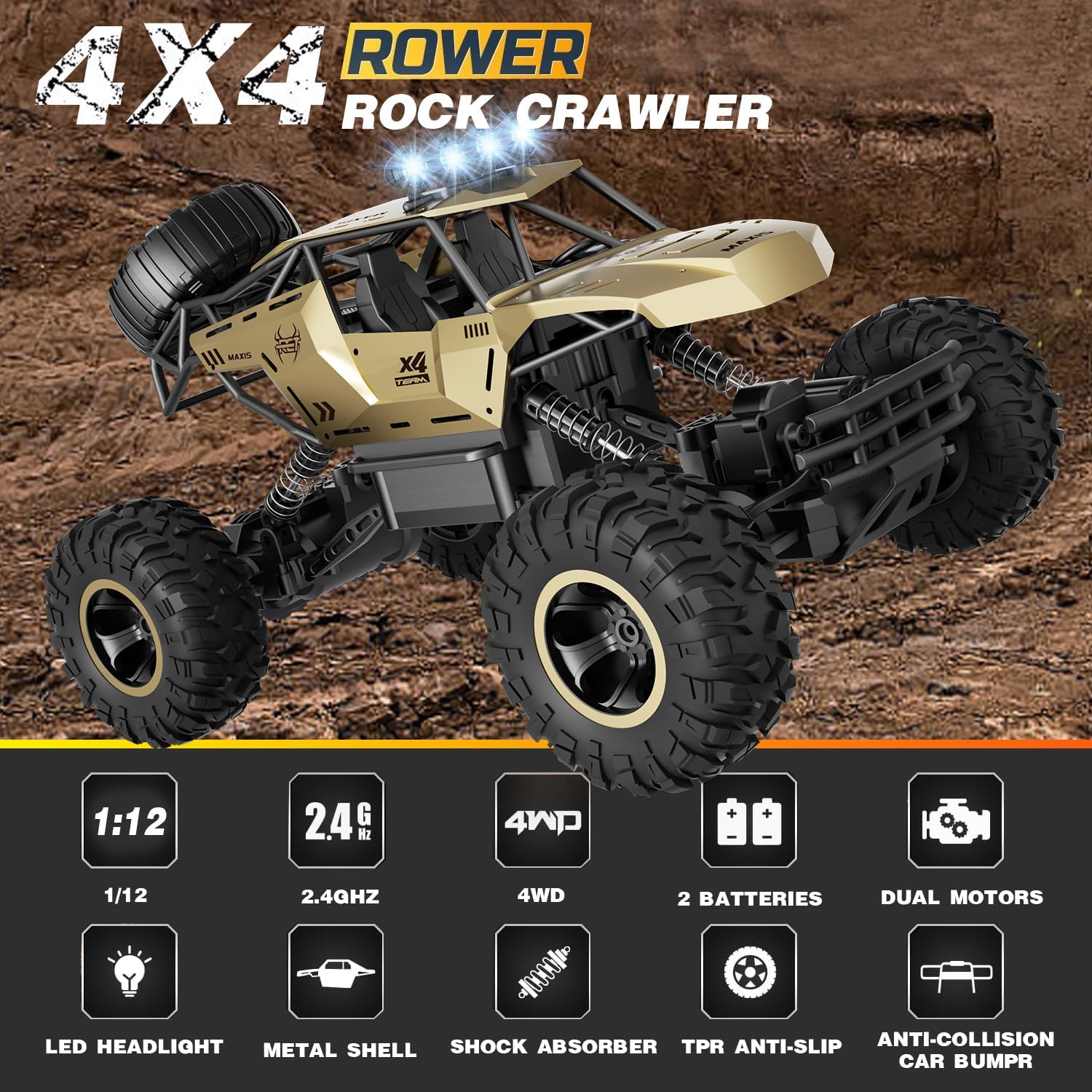 Detalle de Jiakora 1:12 Off-Road RC Monster Truck (4WD) with Dual Batteries, LED Headlights and Metal Shell