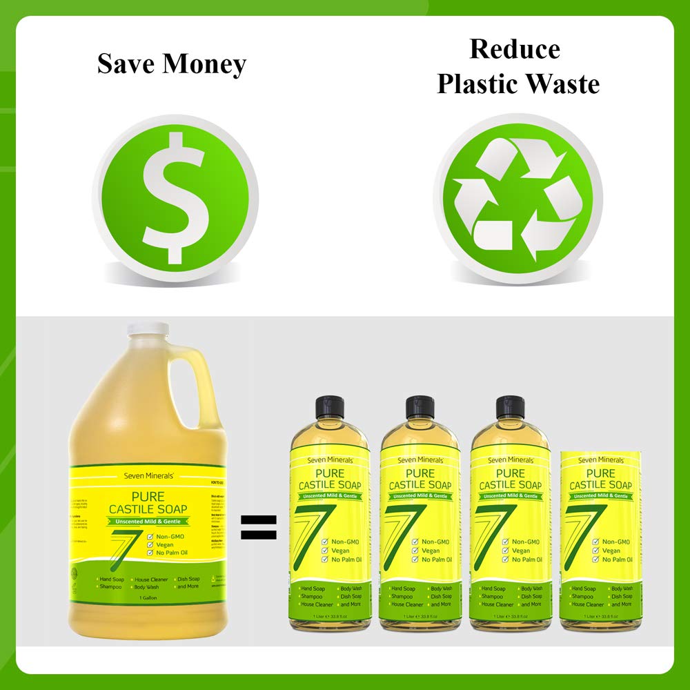 Detalle de Seven Minerals EWG Verified Castile Soap (1 Gallon) — Unscented, No Palm Oil, Vegan, Mild & Gentle