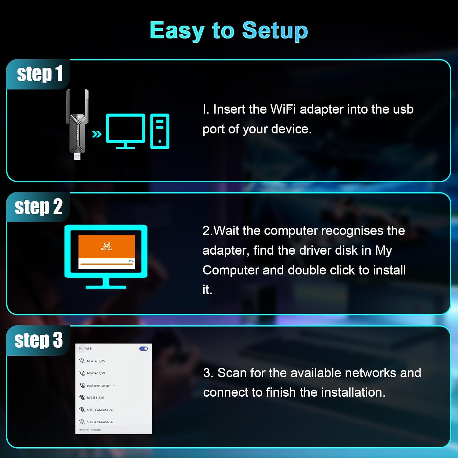 Thumbnail 6 de NEWFAST BE6500Mbps USB 3.0 WiFi 7 Adapter with Dual Antennas and WPA3