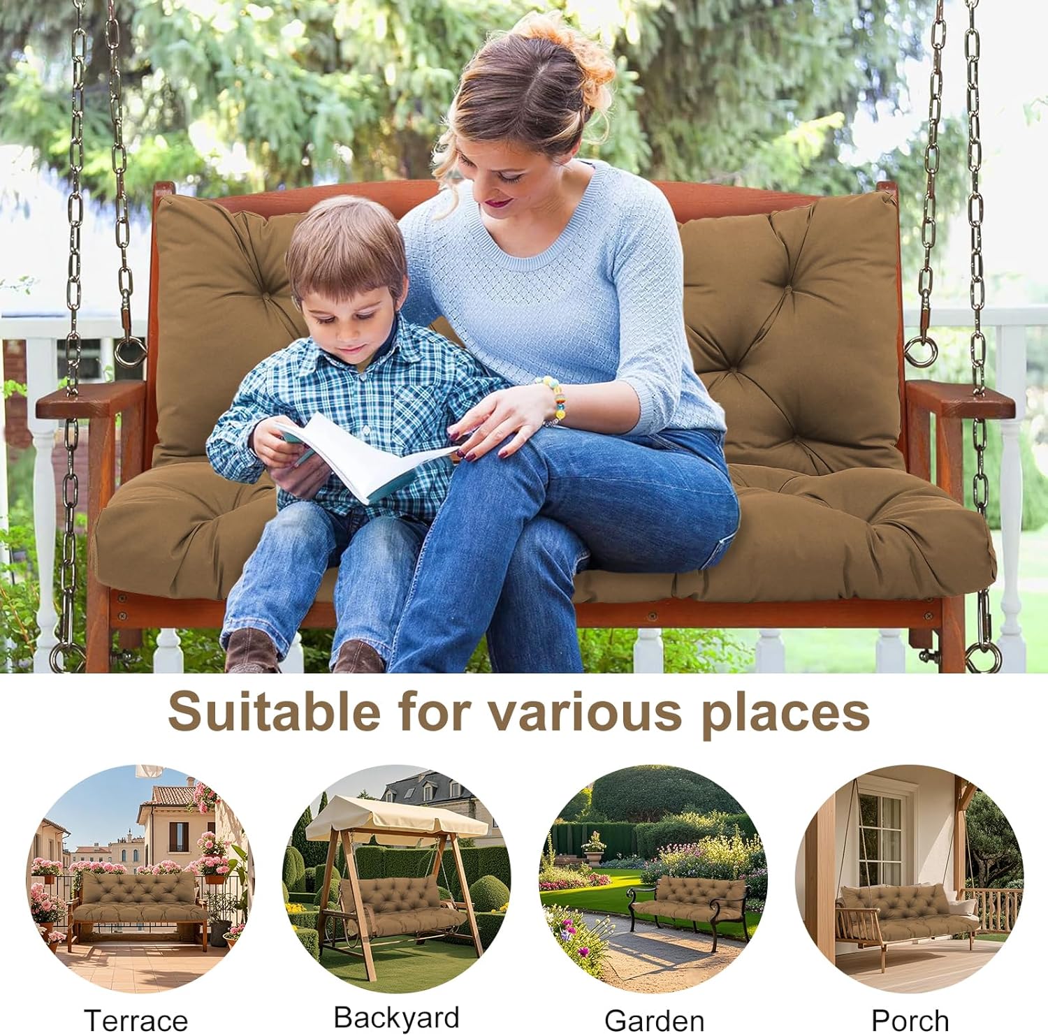 Thumbnail 4 de Amdieu Garden Swing Cushions 3 Seater Waterproof Bench Cushion Set (Brown, 12cm thick)