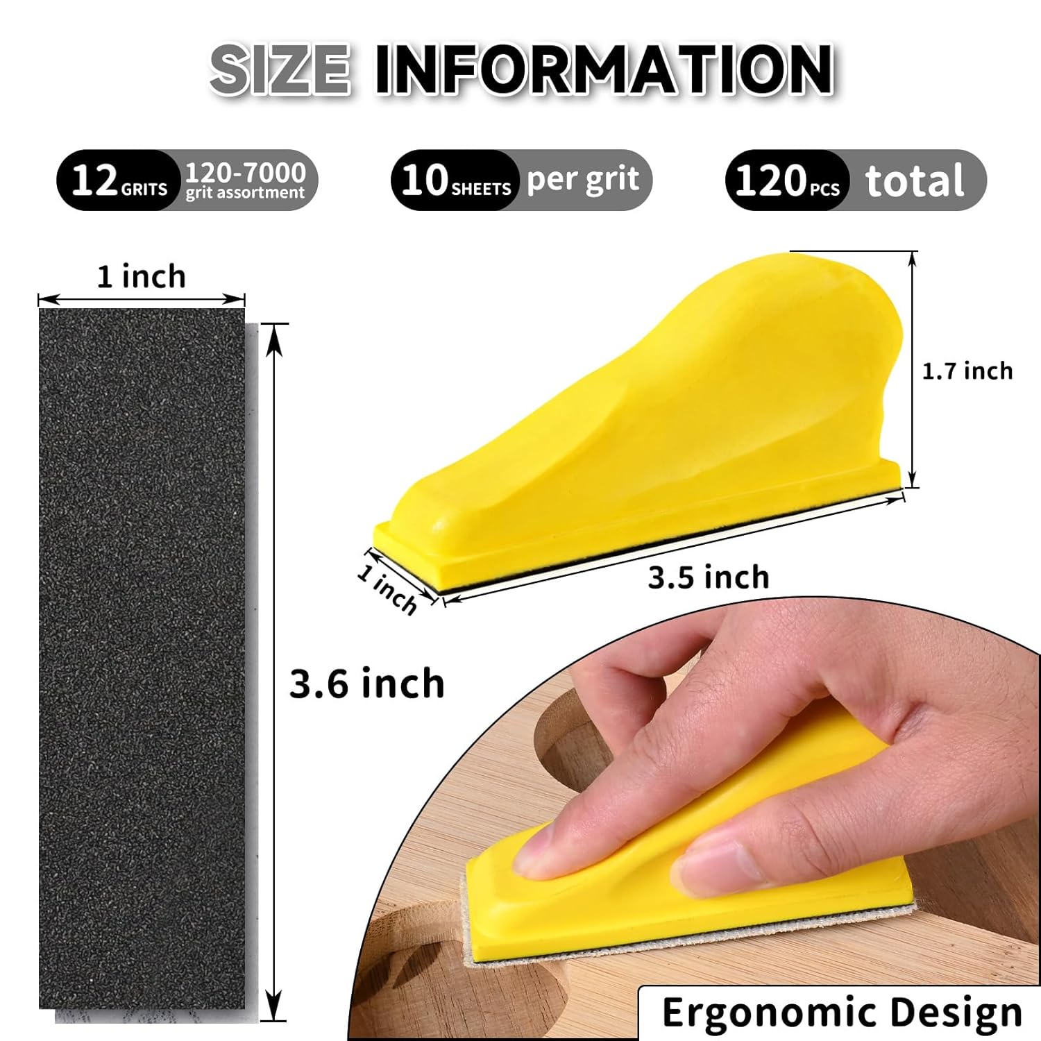 Thumbnail 1 de 120er Schleifpapier-Set mit 90x30 mm Mini Schleifklotz – 12 Körnungen (120/180/240/400/600/800/1000/1200/2000/3000/5000/7000)