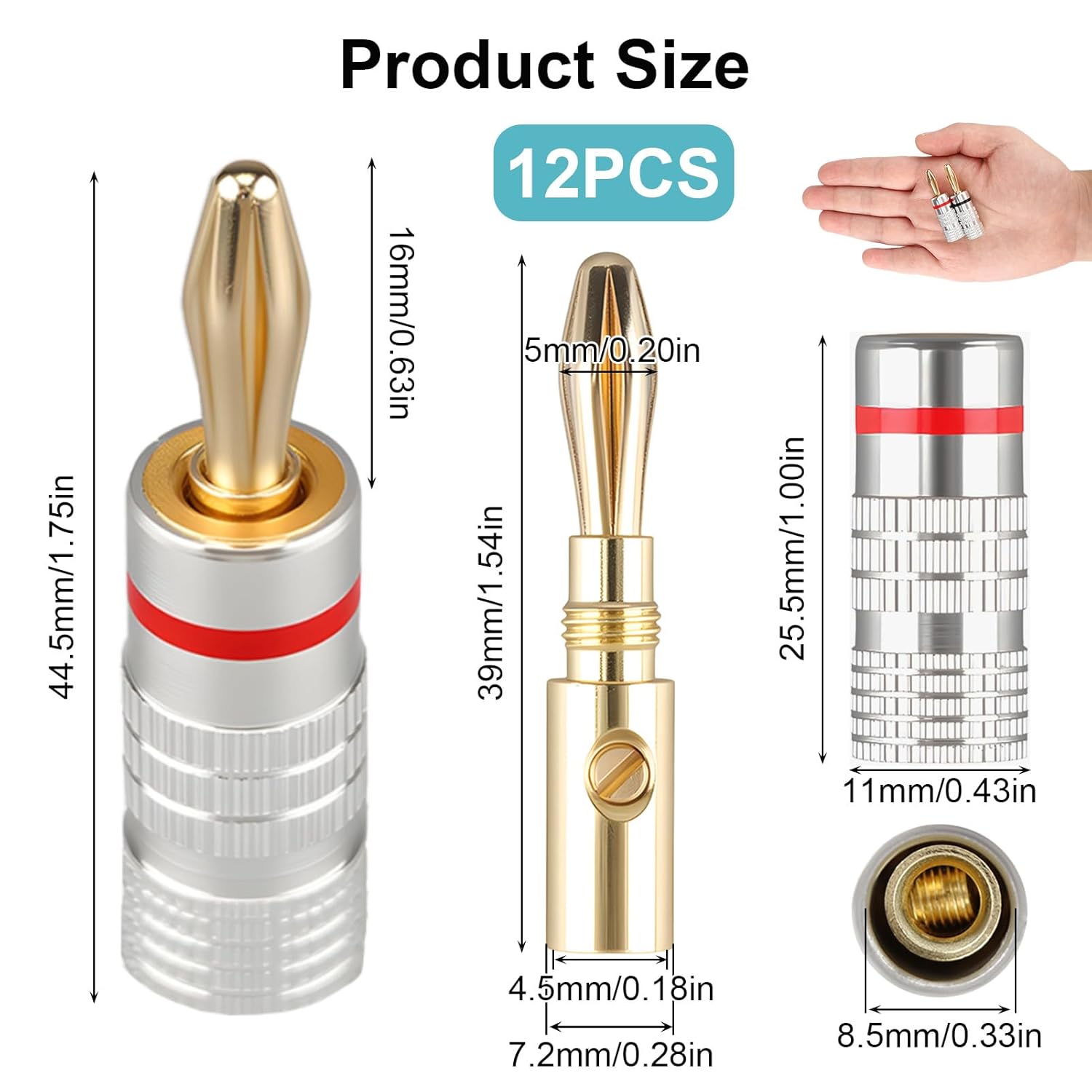 Thumbnail 1 de 4mm Banana Plugs (12 pcs) – 24k Gold Plated Speaker Wire Connectors, Screw-Lock Dual-Screw Type
