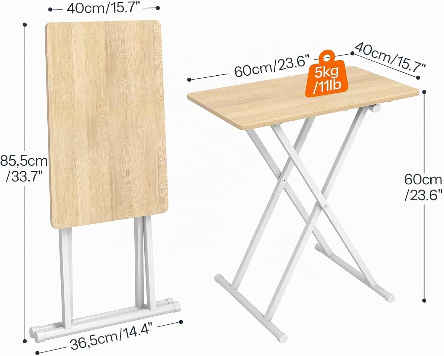 Thumbnail 3 de HOOBRO Tavolino con Altezza Regolabile EWN16BZ01: Pieghevole, 60 × 40 × 60 cm, Bianco/Naturale