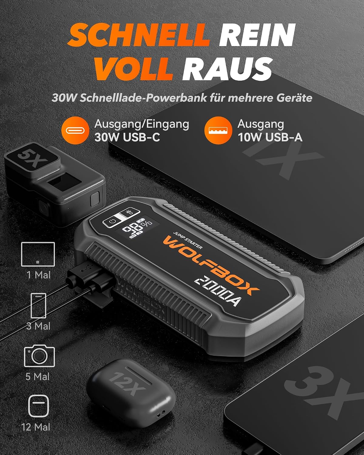 Thumbnail 2 de WOLFBOX Starthilfe Powerbank 2000A – 12V Notfall-Booster mit LED-Lampe, Display und Starthilfekabel