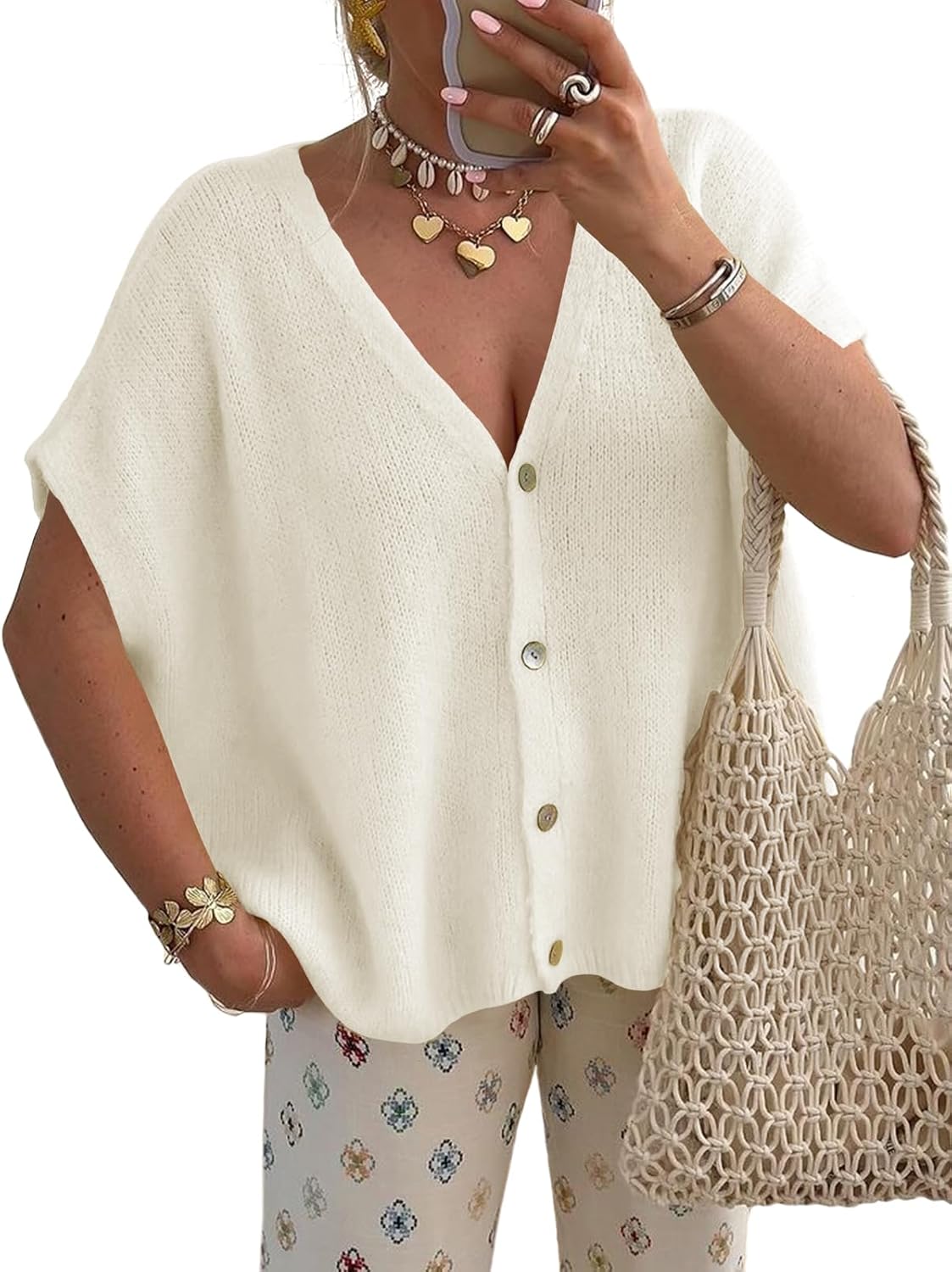 Detalle de Saodimallsu Women’s Spring Oversized Batwing Cardigan (V-Neck, Button-Down Knit)