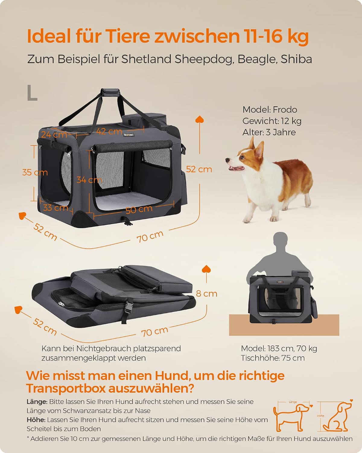 Detalle de Feandrea faltbare Hundebox L 70 x 52 x 52 cm – Transportbox aus Oxford-Gewebe, atmungsaktiv mit Metallrahmen