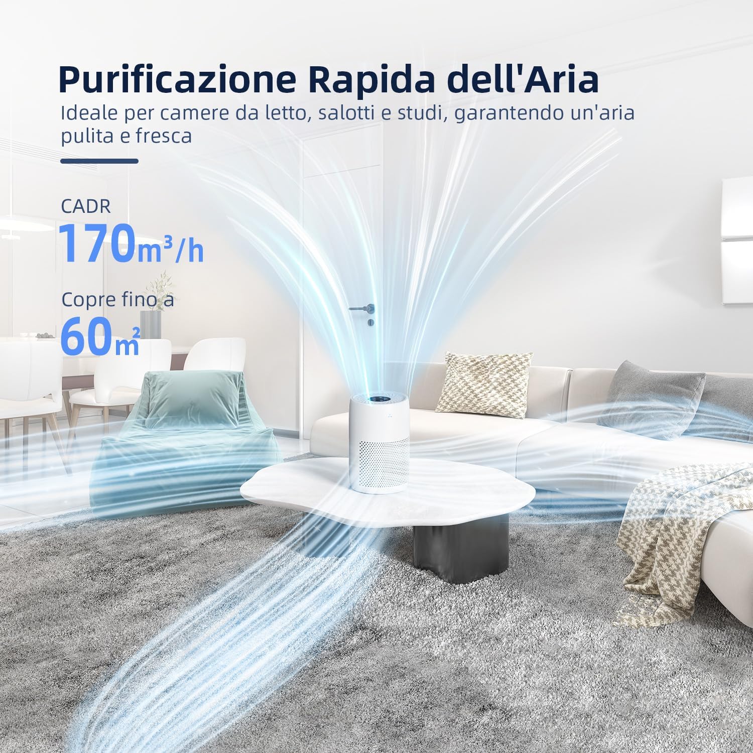 Thumbnail 1 de GOAMGE Purificatore d’Aria per Stanze fino a 60㎡ con sensore PM2.5, CADR 170 m³/h e tripla filtrazione 99,97%