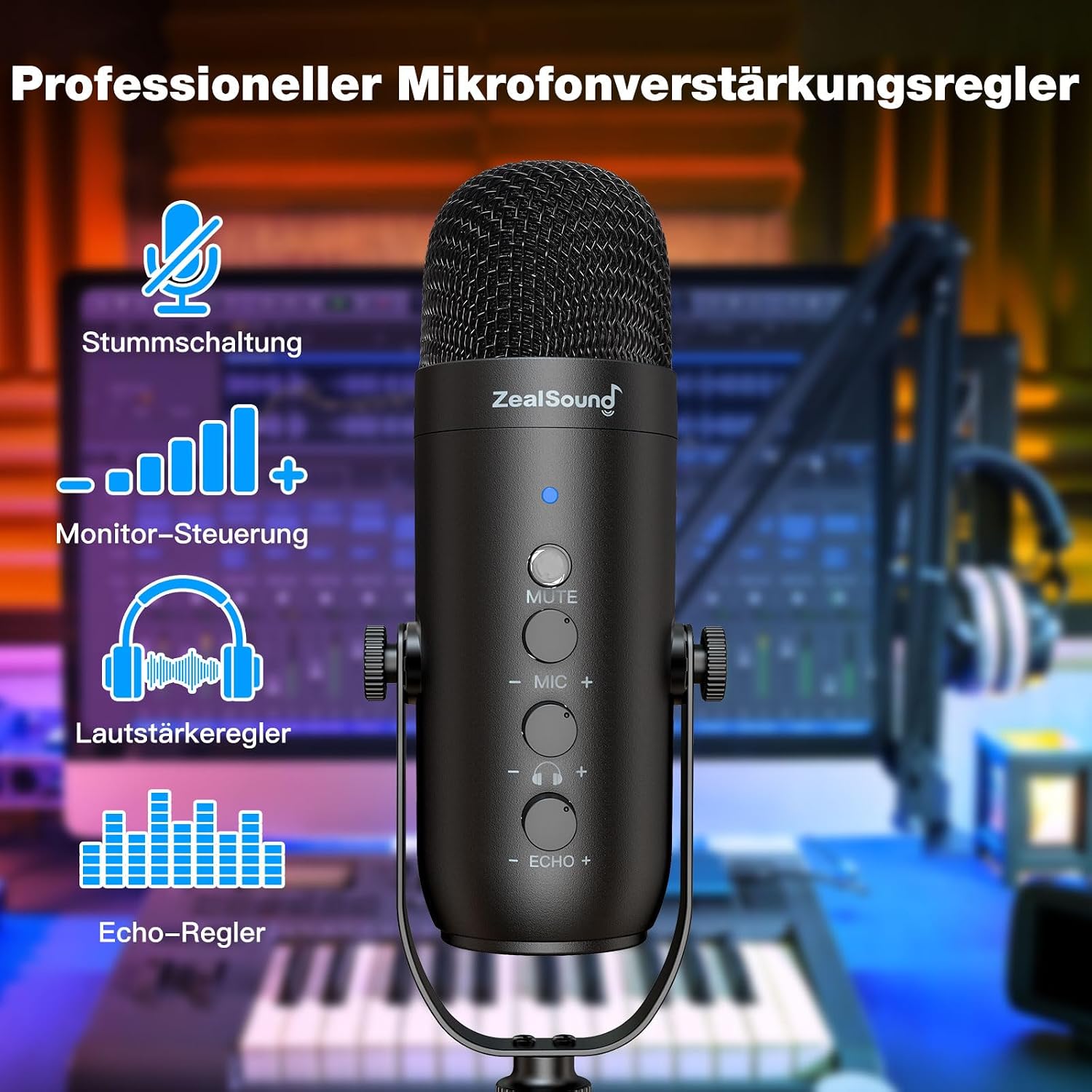 Detalle de zealsound USB Podcast Mikrofon für PC & Handy mit Rauschunterdrückung, Mute, Echo – inkl. 2 Adaptern und Boom-Arm