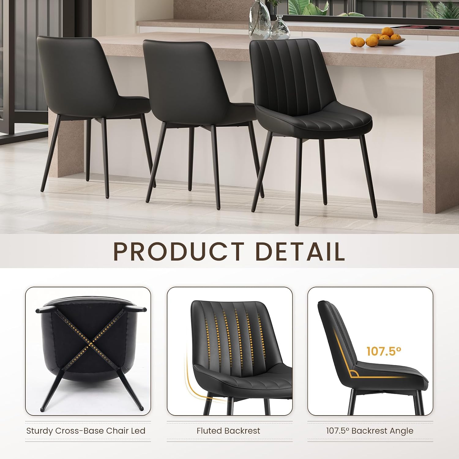 Detalle 2 de COLAMY DCM18 Dining Chairs, Set of 2, Black Tech Fabric, Curved Backrest