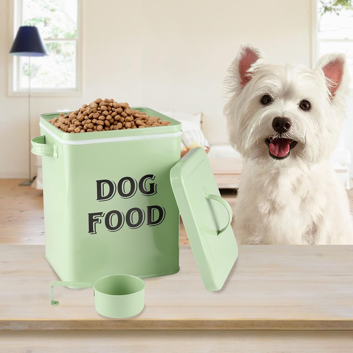 Detalle de Dog Food Storage Container: Vintage-Style Metal Canister with Lid, Scoop, and Enamel Finish