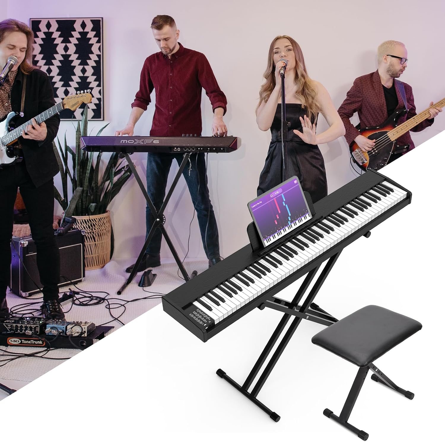 Detalle 2 de Doppelstrebig X-Keyboardständer von Dgddhjt – 7‑fach höhenverstellbar, gepolsterte Keyboardbank, klappbar, Schwarz