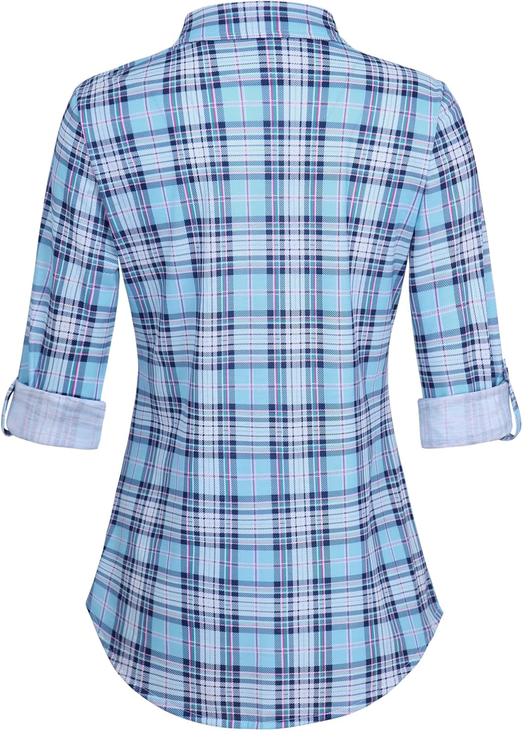Detalle de DJT Damen Bluse mit kariertem Strick, Button-Down-Kragen und Roll-Up-Ärmeln (Langarm)