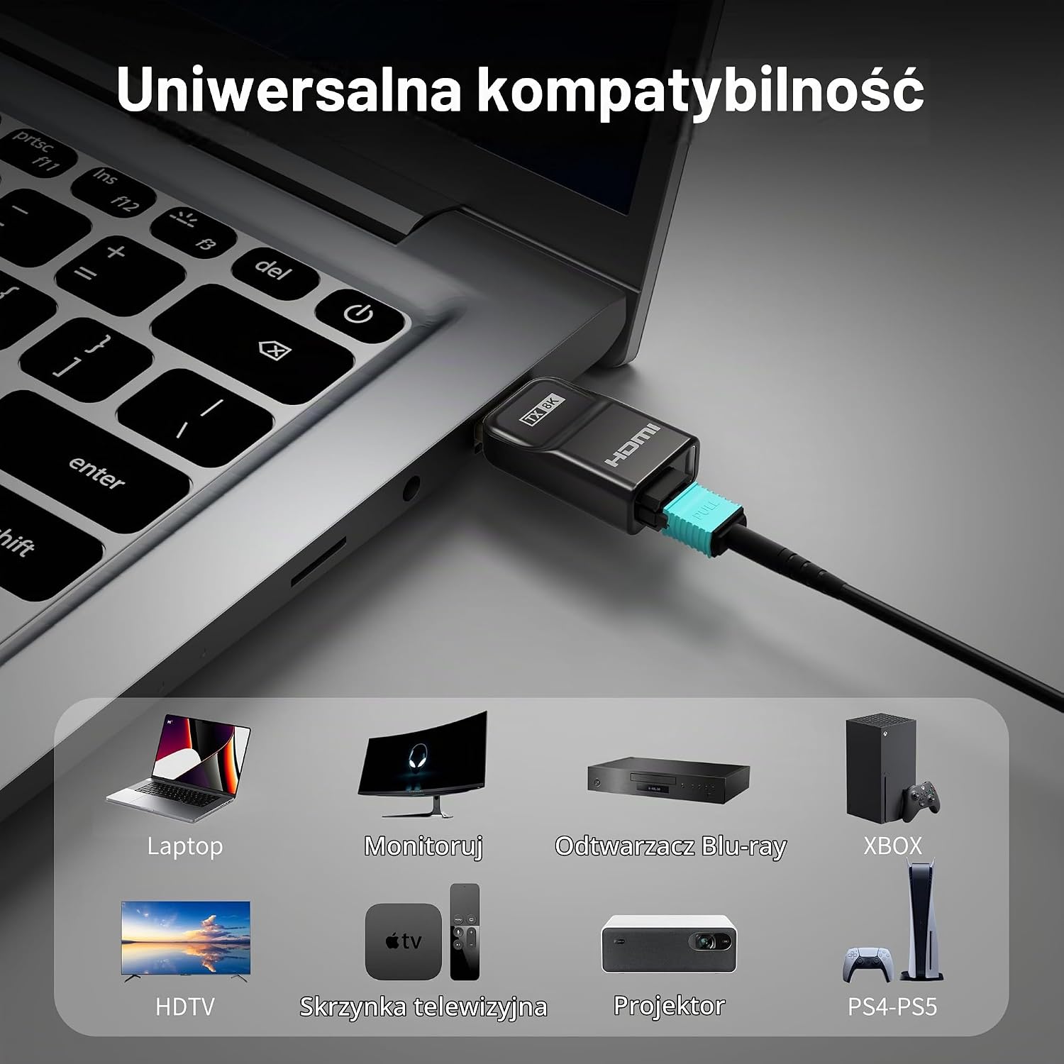 Detalle 2 de RUIPRO SNPF21GEN4AK-20 – światłowodowy kabel HDMI 2.1, 20 m, 48 Gb/s, odłączany